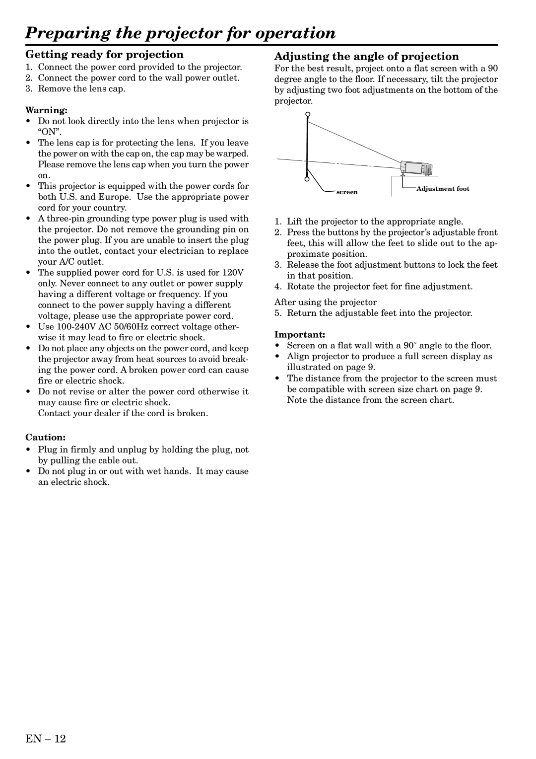 Mitsubishi Electronics LVP-X300U user manual Preparing the projector for operation, Getting ready for projection 