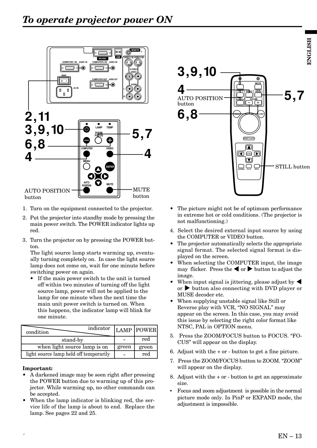 Mitsubishi Electronics LVP-X300U user manual To operate projector power on, Mute, Auto Position, Button 