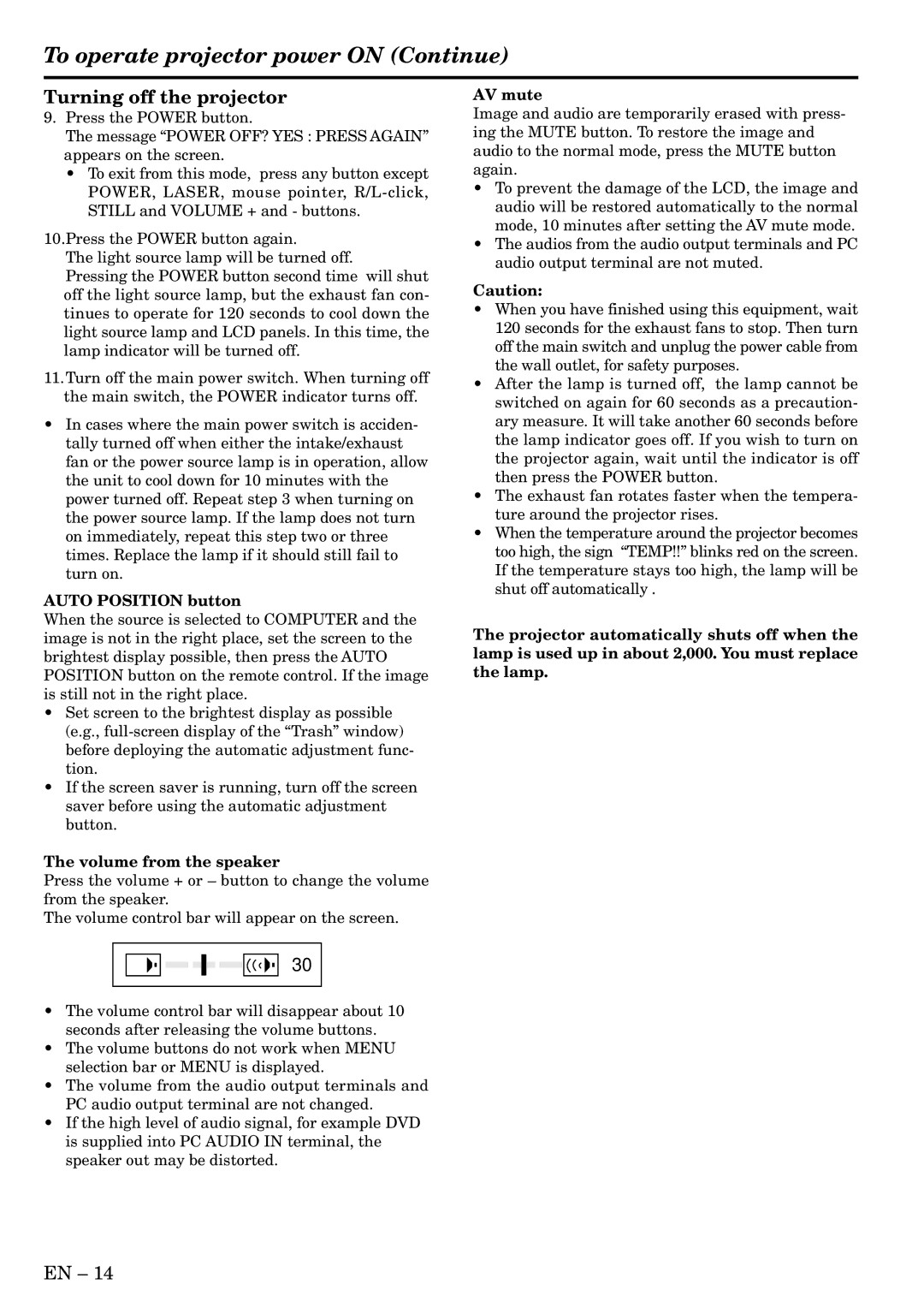 Mitsubishi Electronics LVP-X300U user manual Turning off the projector, Volume from the speaker, AV mute 