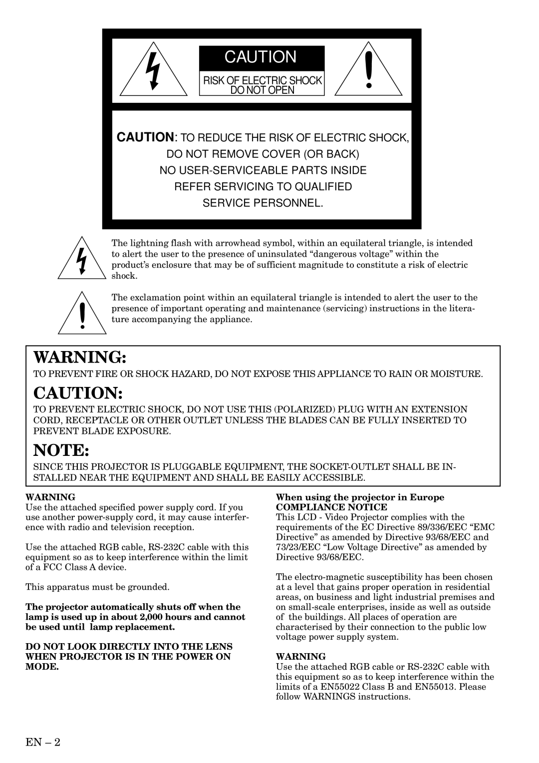 Mitsubishi Electronics LVP-X300U user manual When using the projector in Europe, Compliance Notice 