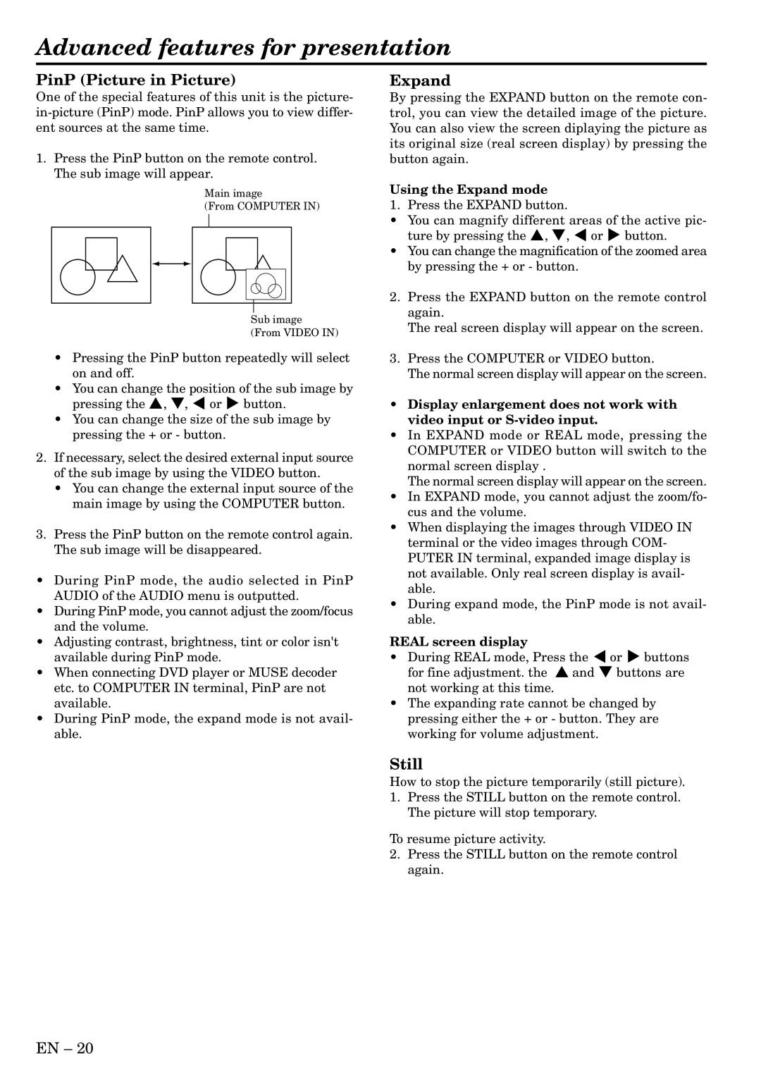 Mitsubishi Electronics LVP-X300U user manual Advanced features for presentation, PinP Picture in Picture, Expand, Still 