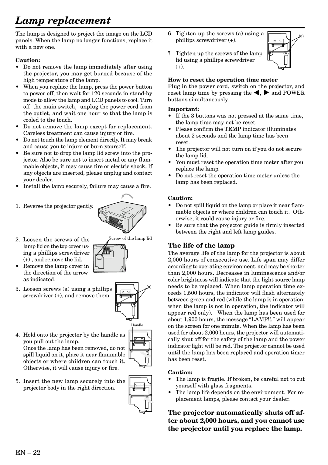 Mitsubishi Electronics LVP-X300U user manual Lamp replacement, Life of the lamp, How to reset the operation time meter 