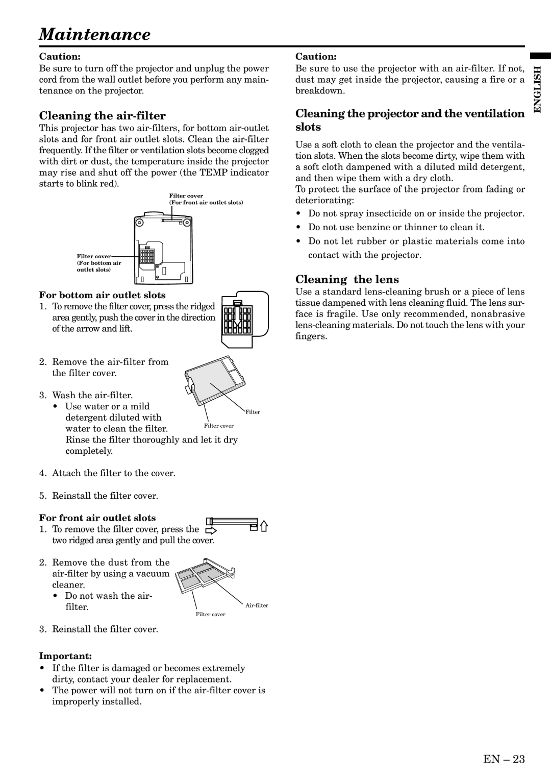 Mitsubishi Electronics LVP-X300U Maintenance, Cleaning the air-filter, Cleaning the projector and the ventilation slots 