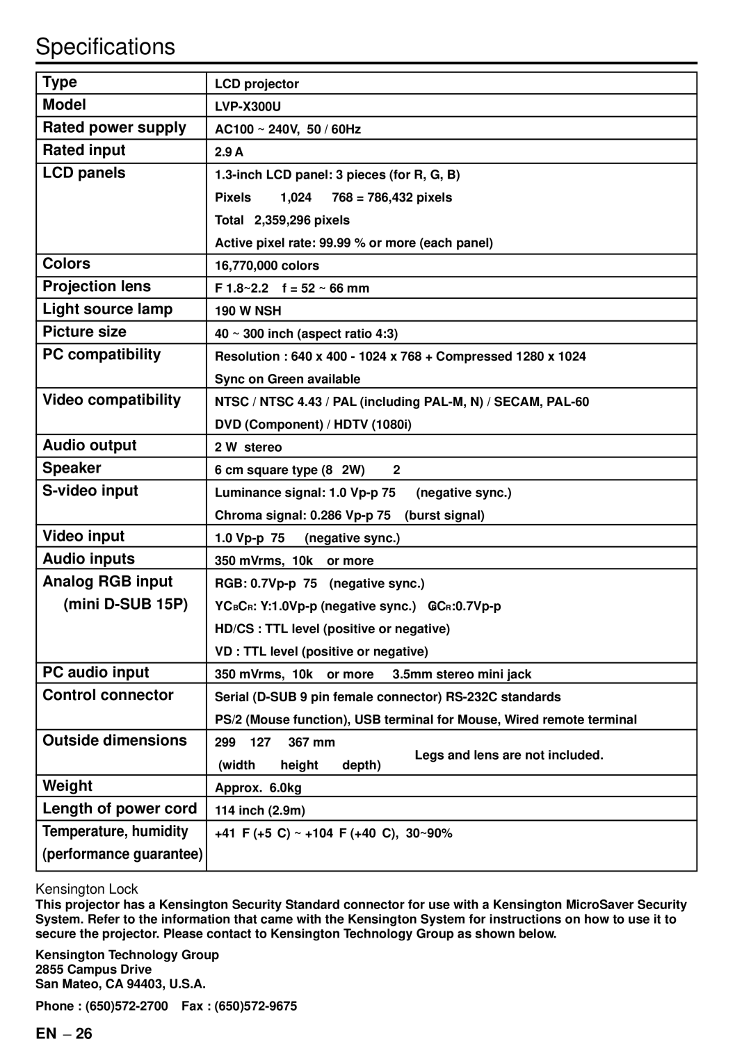 Mitsubishi Electronics LVP-X300U user manual Specifications 