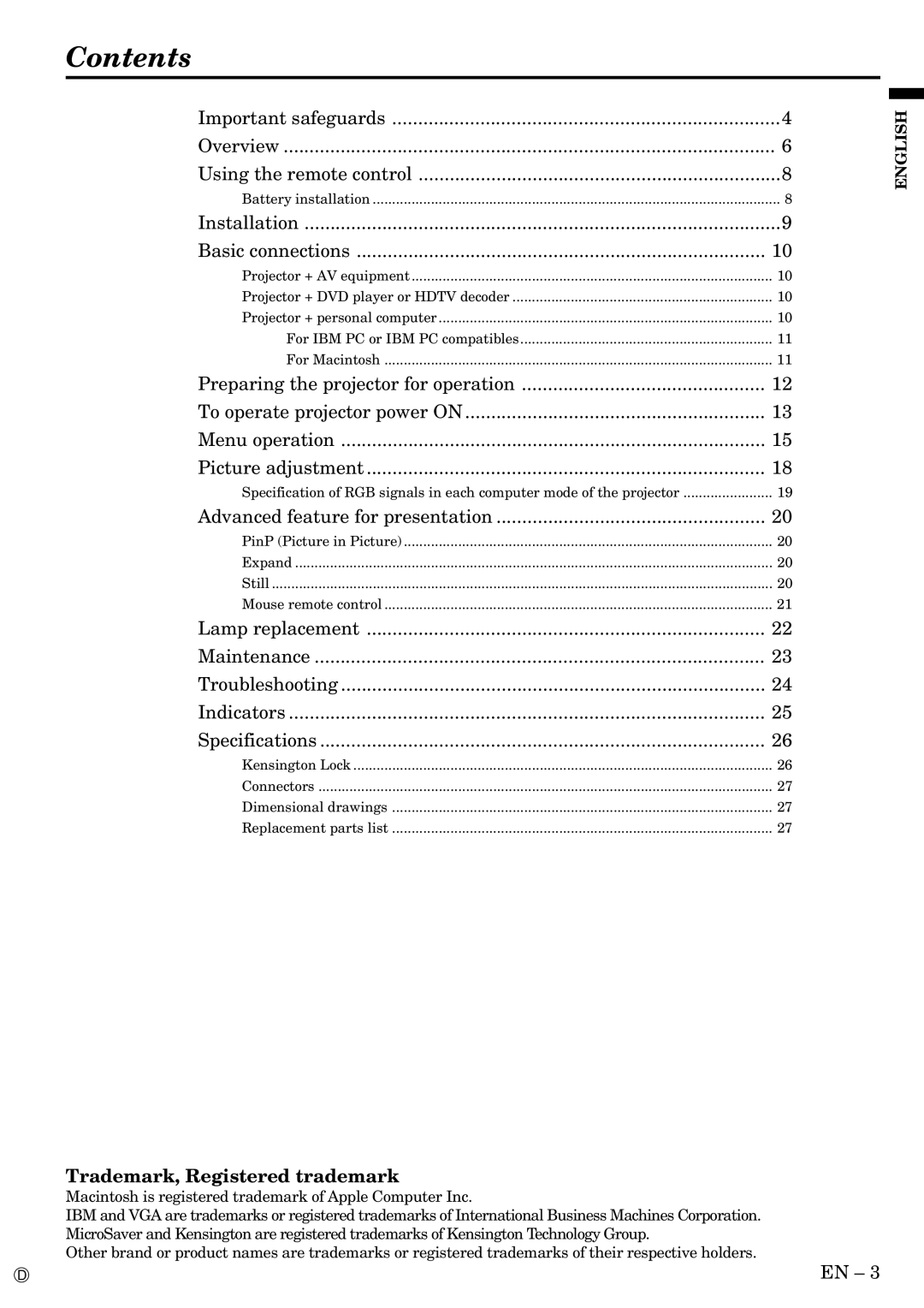 Mitsubishi Electronics LVP-X300U user manual Contents 