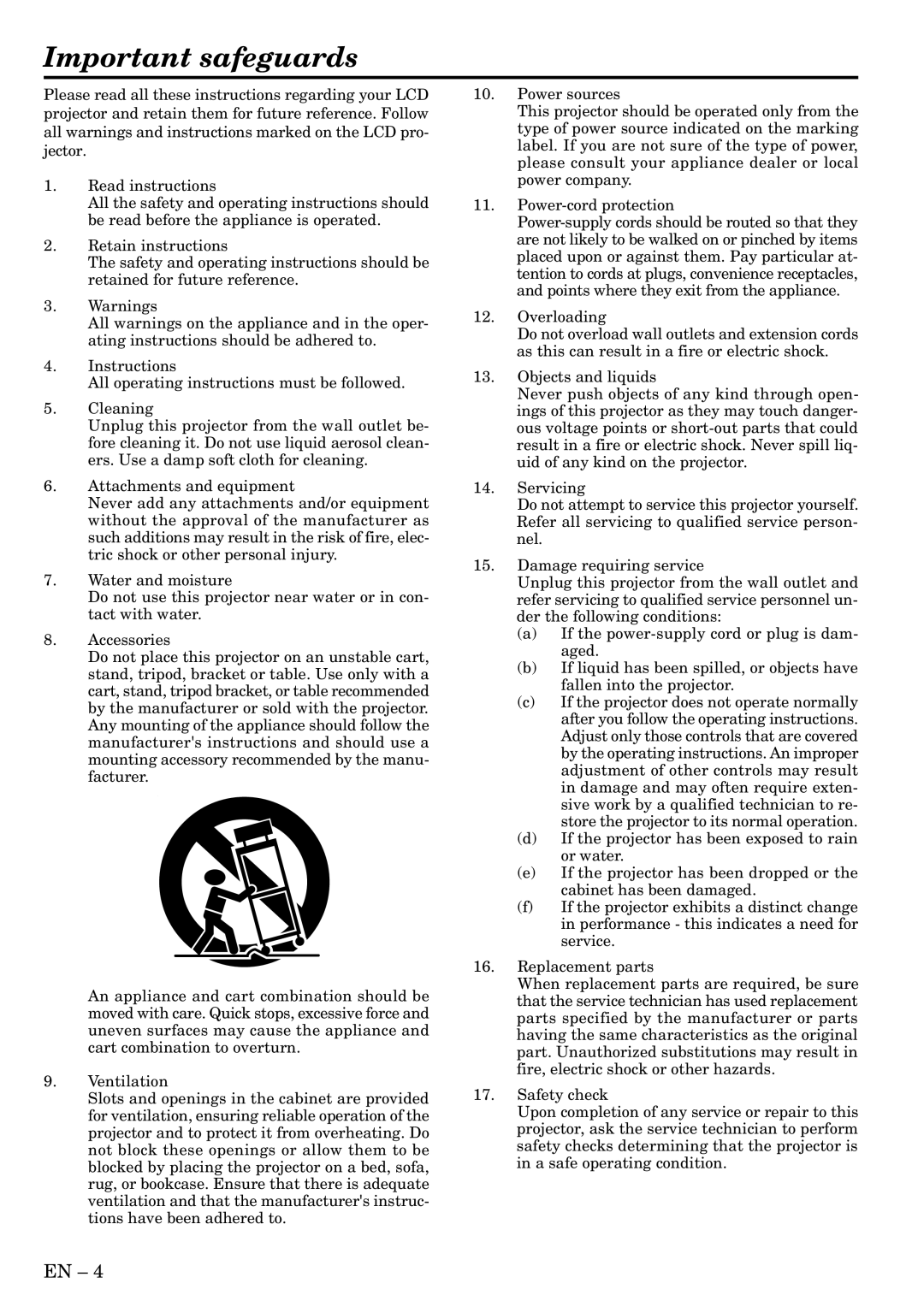 Mitsubishi Electronics LVP-X300U user manual Important safeguards 