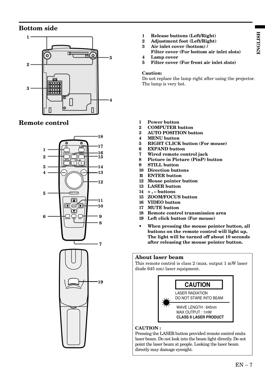 Mitsubishi Electronics LVP-X300U user manual About laser beam, Filter cover For bottom air inlet slots 