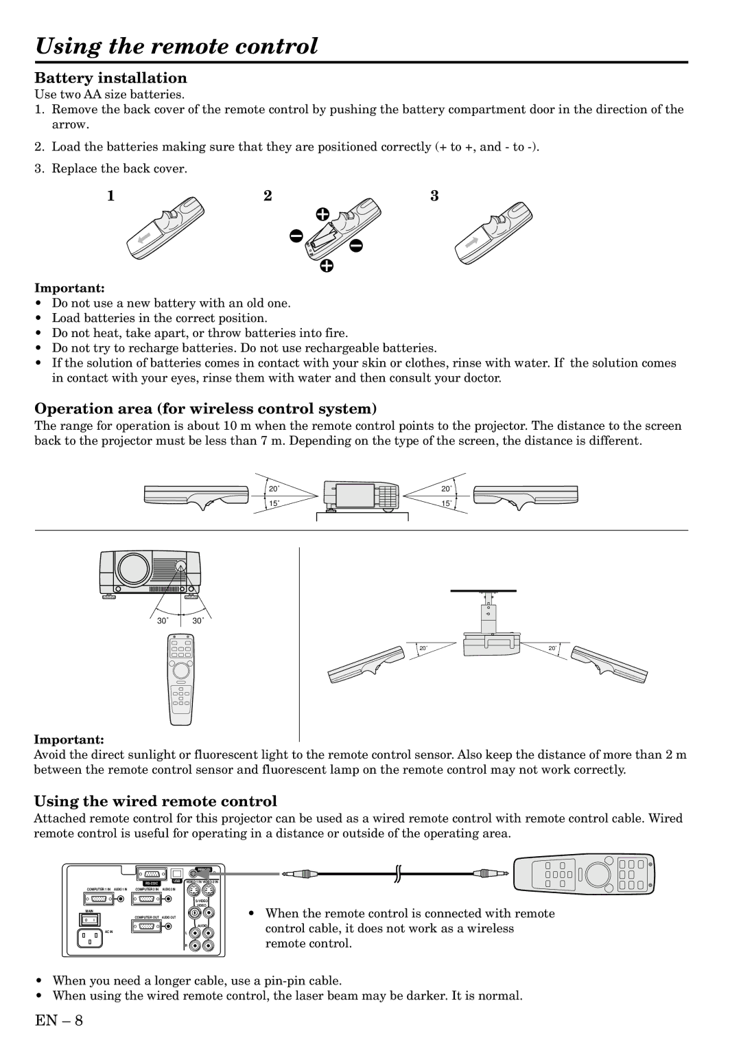 Mitsubishi Electronics LVP-X300U user manual Using the remote control, Battery installation, Using the wired remote control 