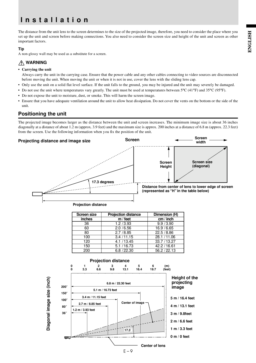 Mitsubishi Electronics LVP-X30U user manual Installation, Positioning the unit 