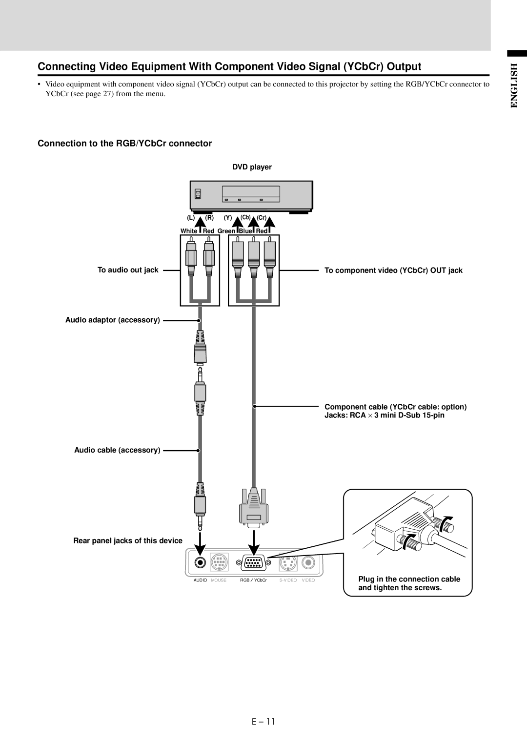 Mitsubishi Electronics LVP-X30U user manual Connection to the RGB/YCbCr connector 