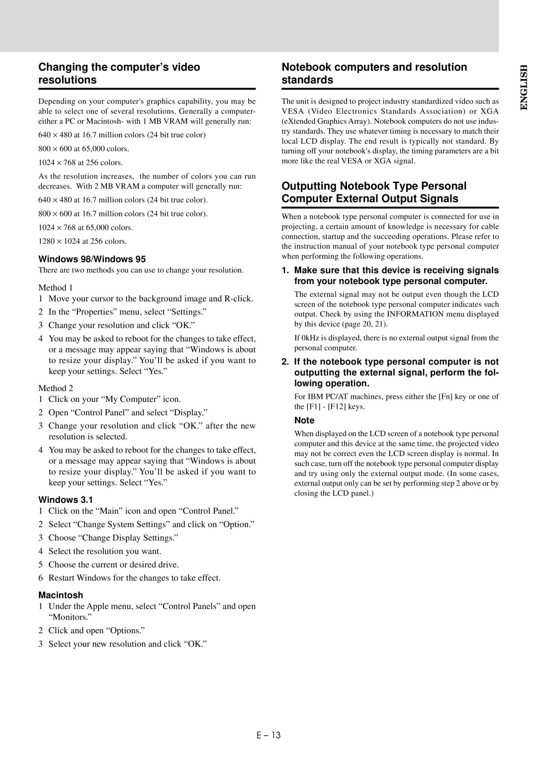 Mitsubishi Electronics LVP-X30U user manual Changing the computer’s video resolutions, Windows 98/Windows, Macintosh 