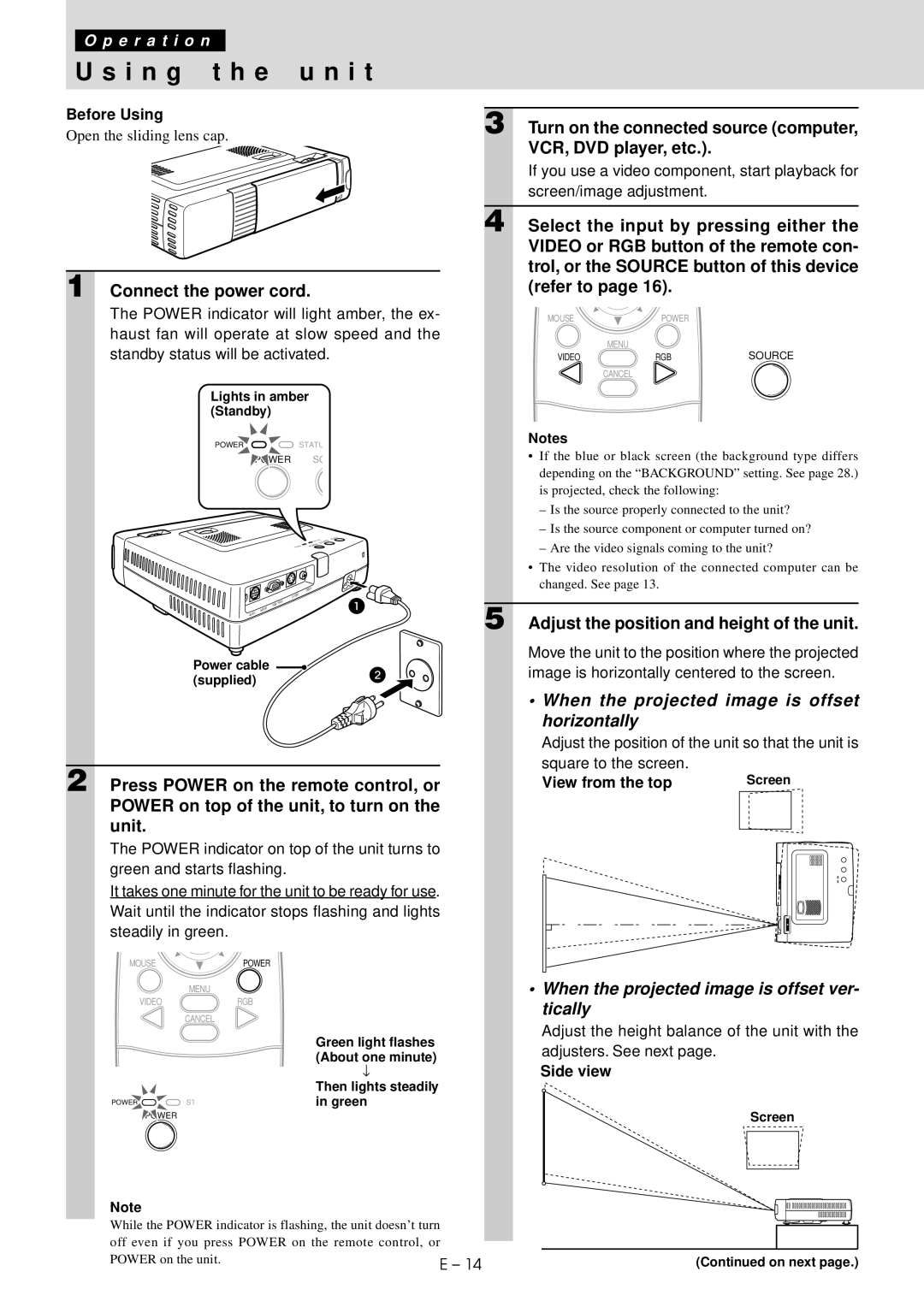 Mitsubishi Electronics LVP-X30U I n g t h e u n i t, Connect the power cord, Adjust the position and height of the unit 