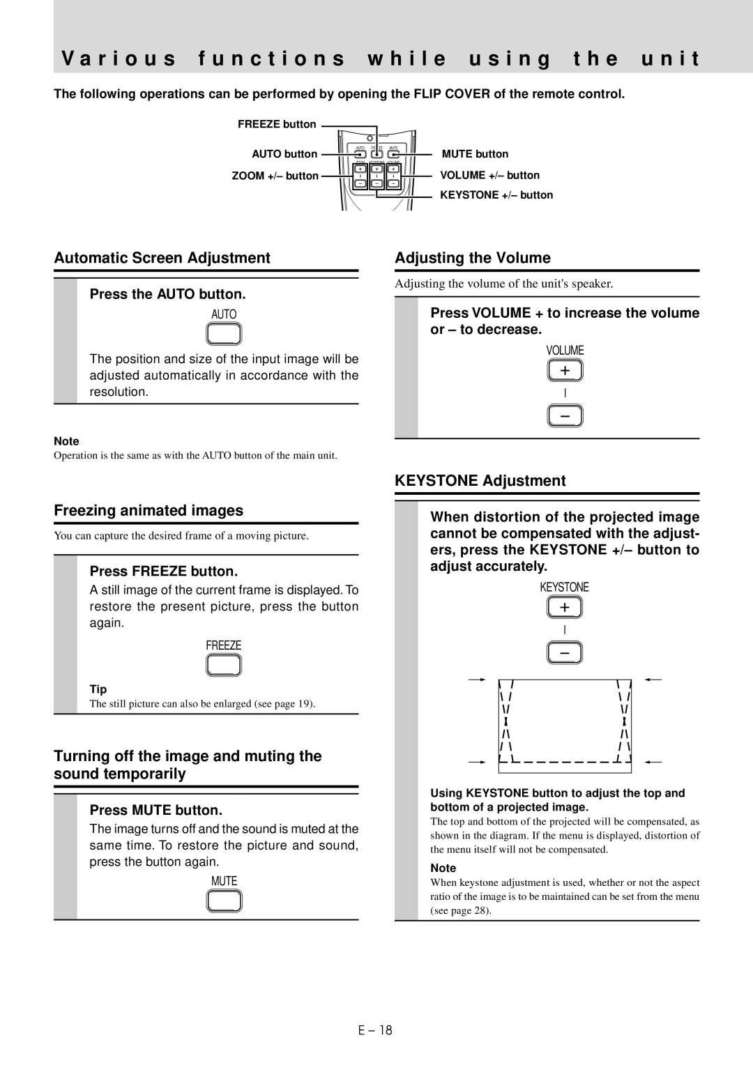 Mitsubishi Electronics LVP-X30U user manual Automatic Screen Adjustment, Adjusting the Volume, Freezing animated images 