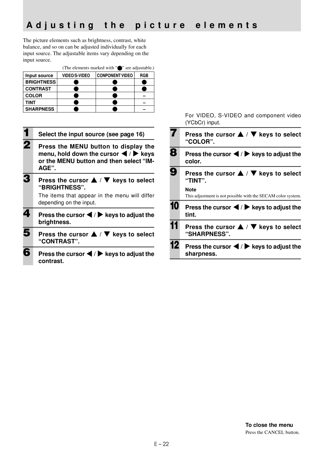 Mitsubishi Electronics LVP-X30U user manual J u s t i n g t h e p i c t u r e e l e m e n t s, To close the menu 