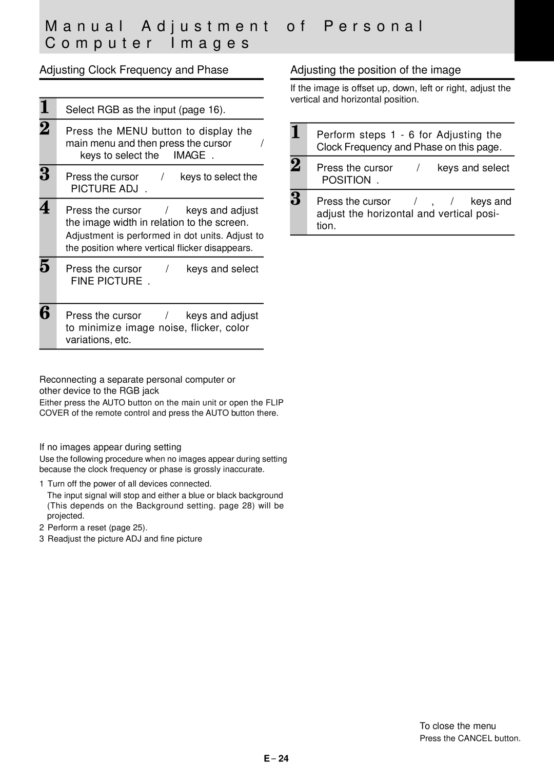 Mitsubishi Electronics LVP-X30U user manual N u a l a d j u s t m e n t C o m p u t e r I m a g e s, P e r s o n a l 