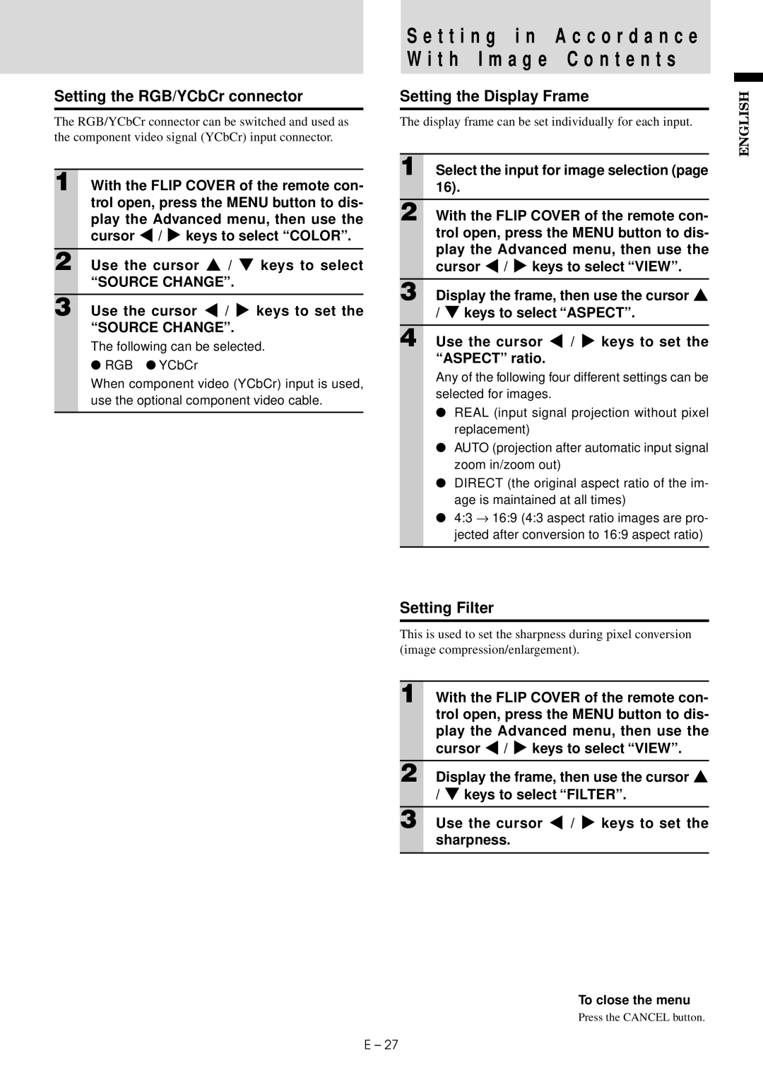 Mitsubishi Electronics LVP-X30U user manual Setting the RGB/YCbCr connector, Setting the Display Frame, Setting Filter 