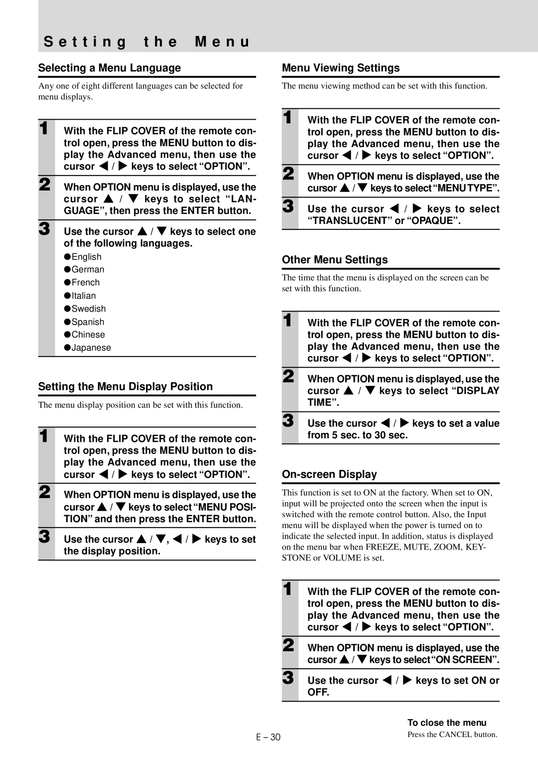 Mitsubishi Electronics LVP-X30U user manual T t i n g t h e M e n u 