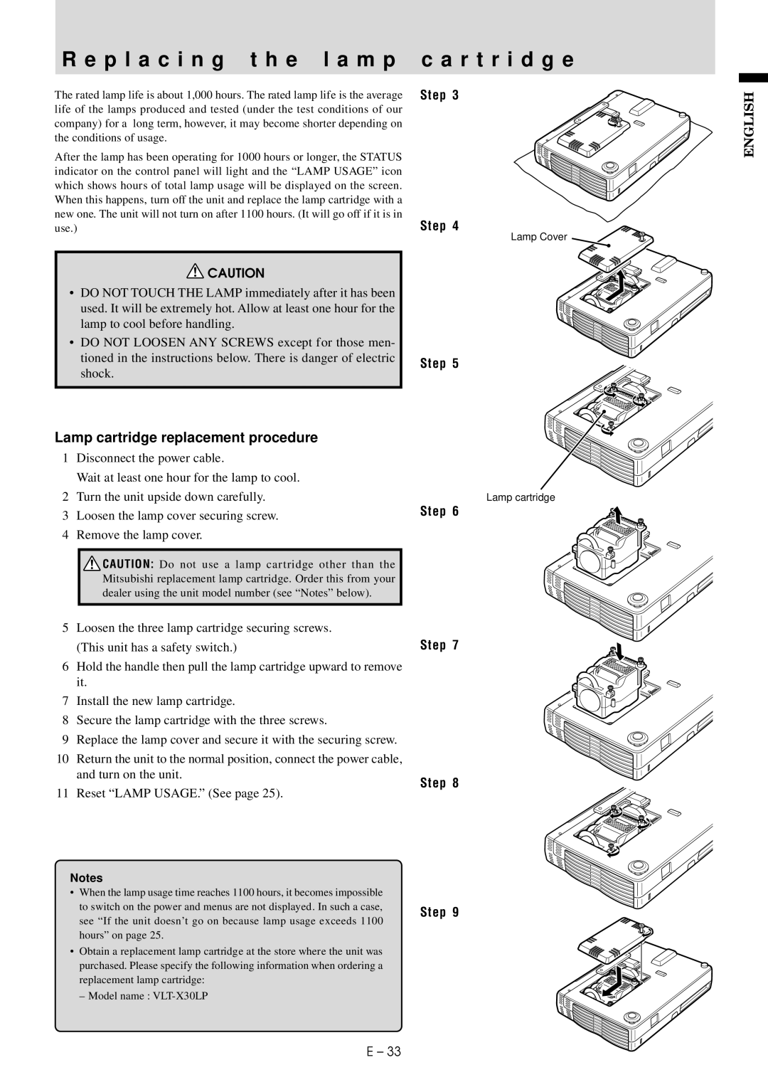 Mitsubishi Electronics LVP-X30U P l a c i n g t h e l a m p, R t r i d g e, Lamp cartridge replacement procedure, Step 