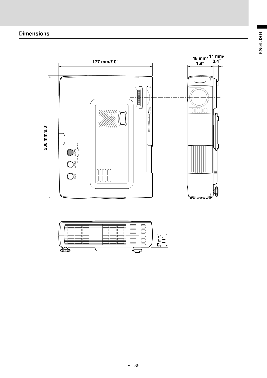 Mitsubishi Electronics LVP-X30U user manual Dimensions, 48 mm, 177 mm/7.0 ″, 230mm/9.0 ″ 