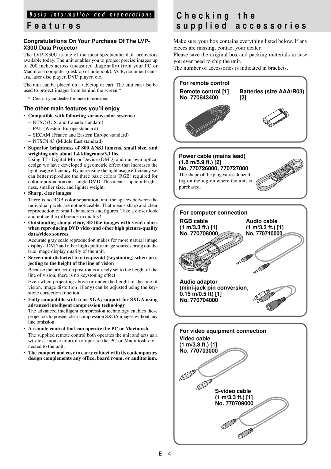 Mitsubishi Electronics LVP-X30U user manual A t u r e s, E c k i n g t h e P p l i e d a c c e s s o r i e s 