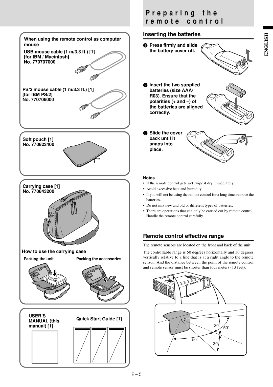 Mitsubishi Electronics LVP-X30U E p a r i n g t h e M o t e c o n t r o l, Inserting the batteries, Press firmly and slide 