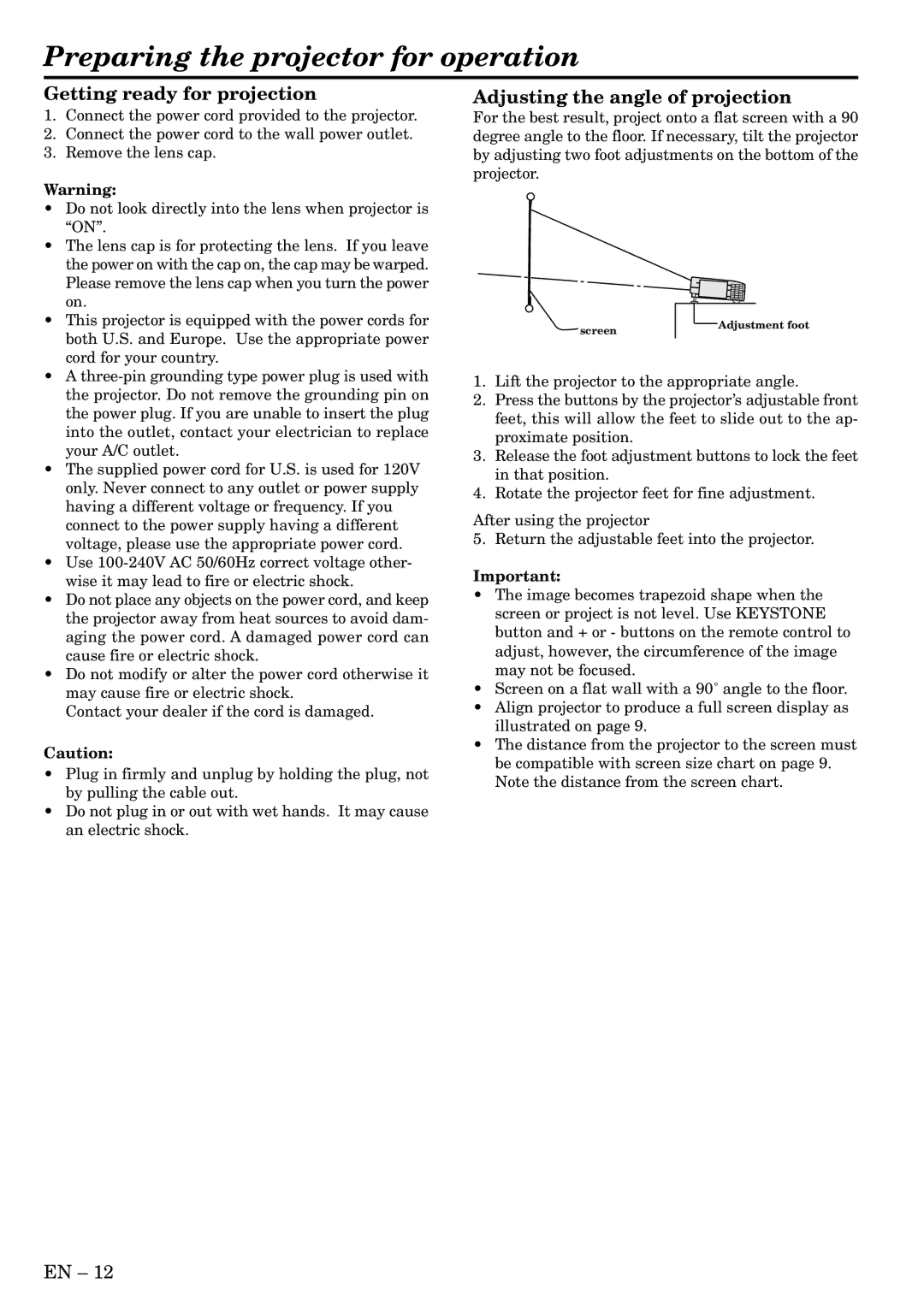 Mitsubishi Electronics LVP-X400BU user manual Preparing the projector for operation, Getting ready for projection 