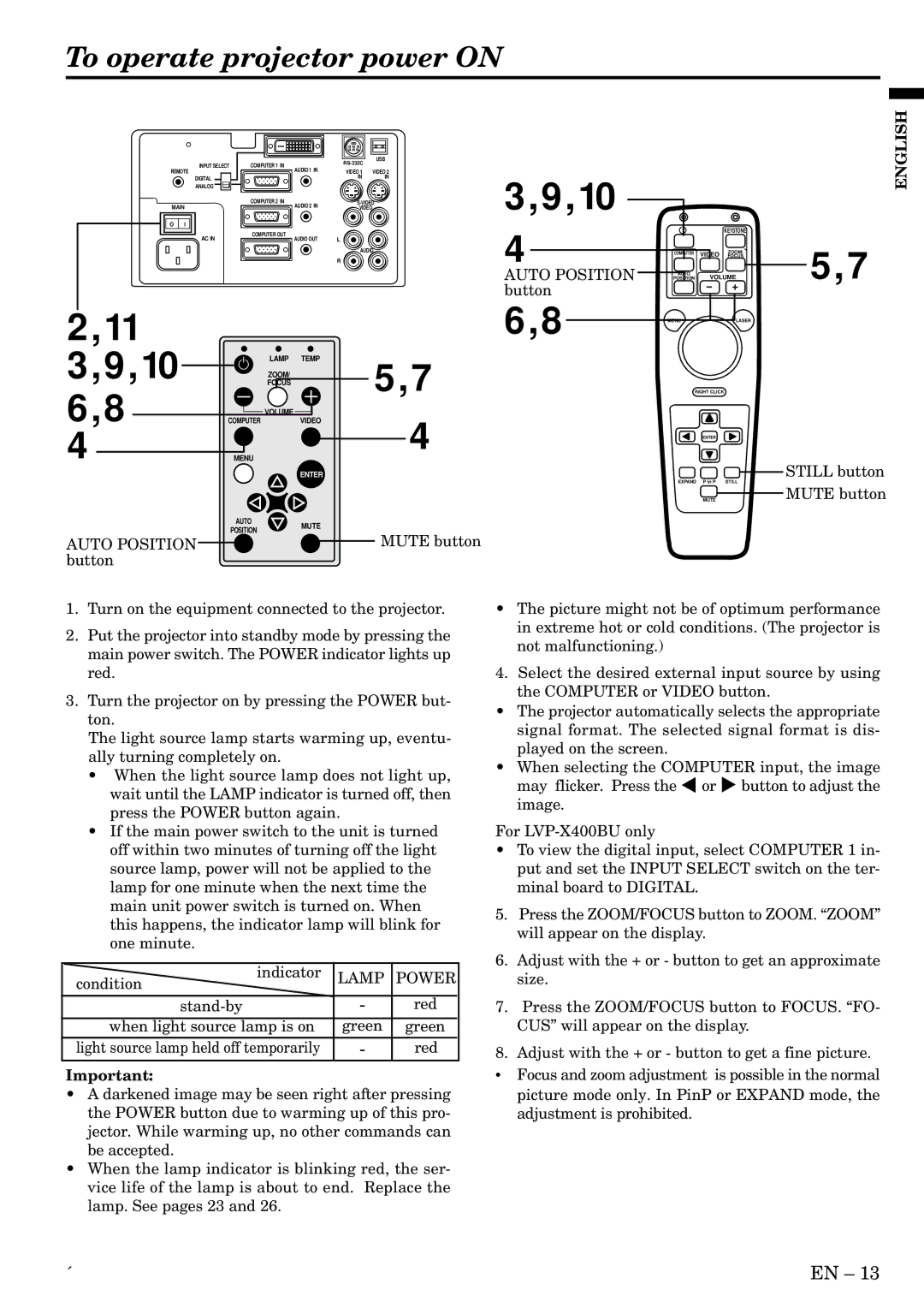 Mitsubishi Electronics LVP-X400BU user manual To operate projector power on, Auto Position, Button 