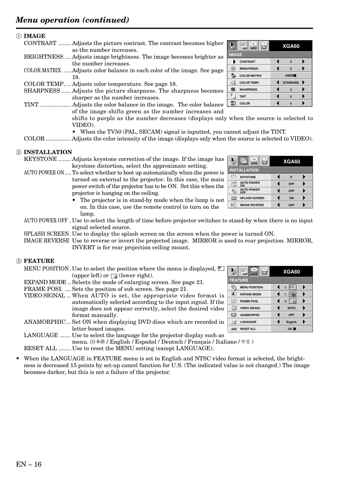 Mitsubishi Electronics LVP-X400BU user manual Menu operation, Image, Installation, Feature 