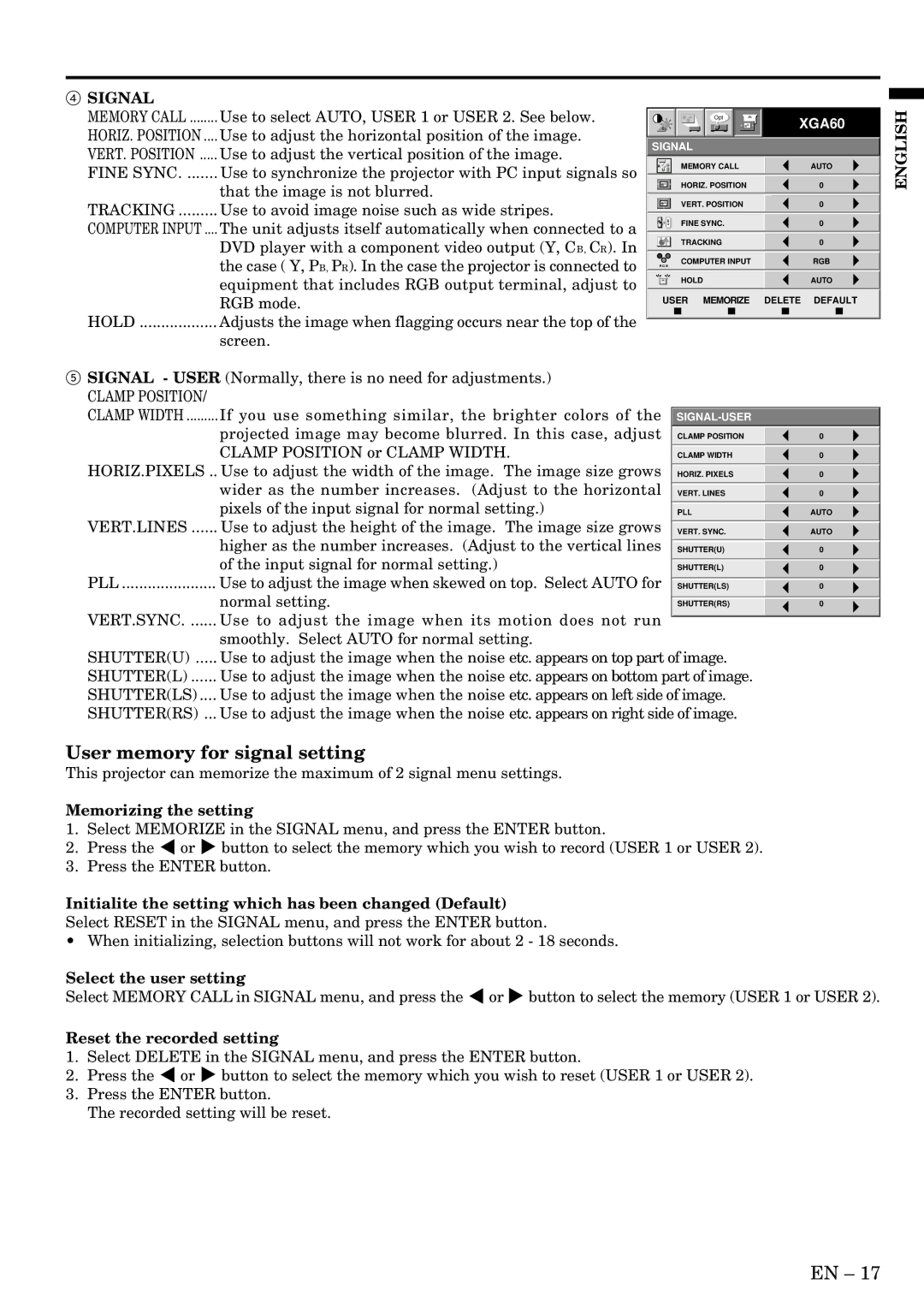 Mitsubishi Electronics LVP-X400BU User memory for signal setting, Signal, Memorizing the setting, Select the user setting 