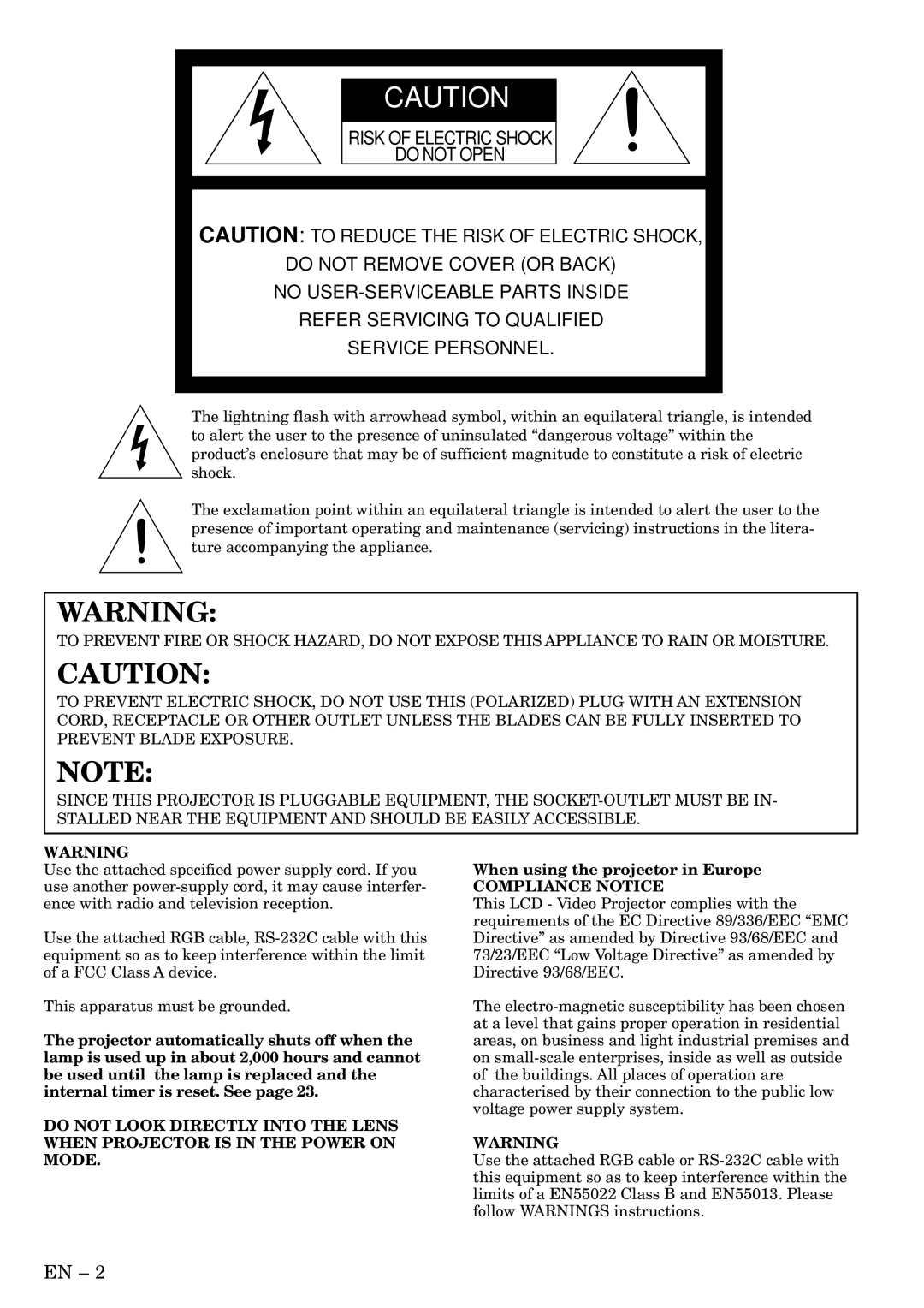 Mitsubishi Electronics LVP-X400BU user manual When using the projector in Europe, Compliance Notice 