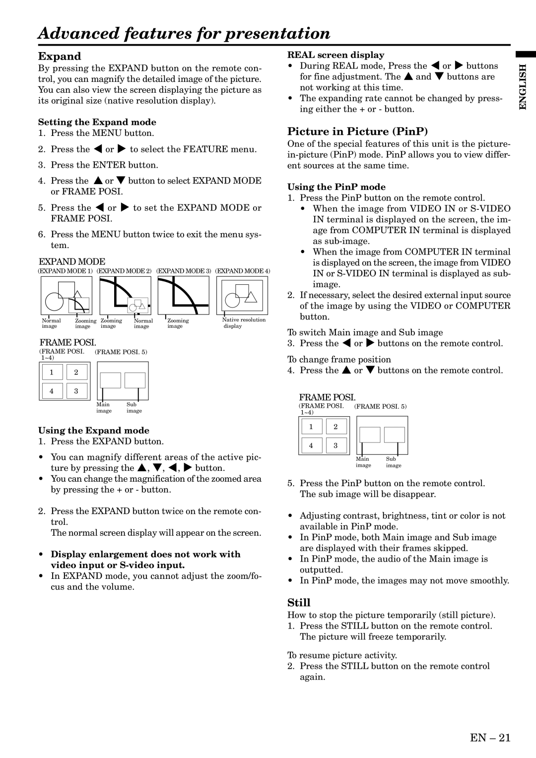 Mitsubishi Electronics LVP-X400BU user manual Advanced features for presentation, Expand, Picture in Picture PinP, Still 