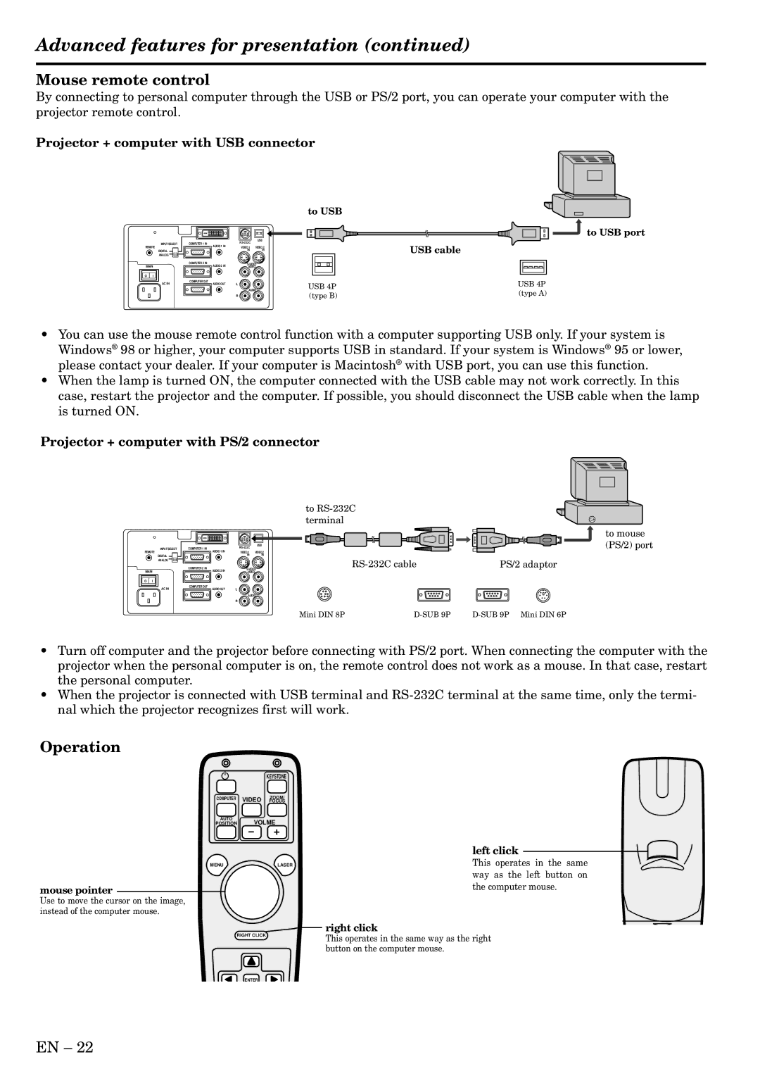 Mitsubishi Electronics LVP-X400BU user manual Advanced features for presentation, Mouse remote control, Operation 