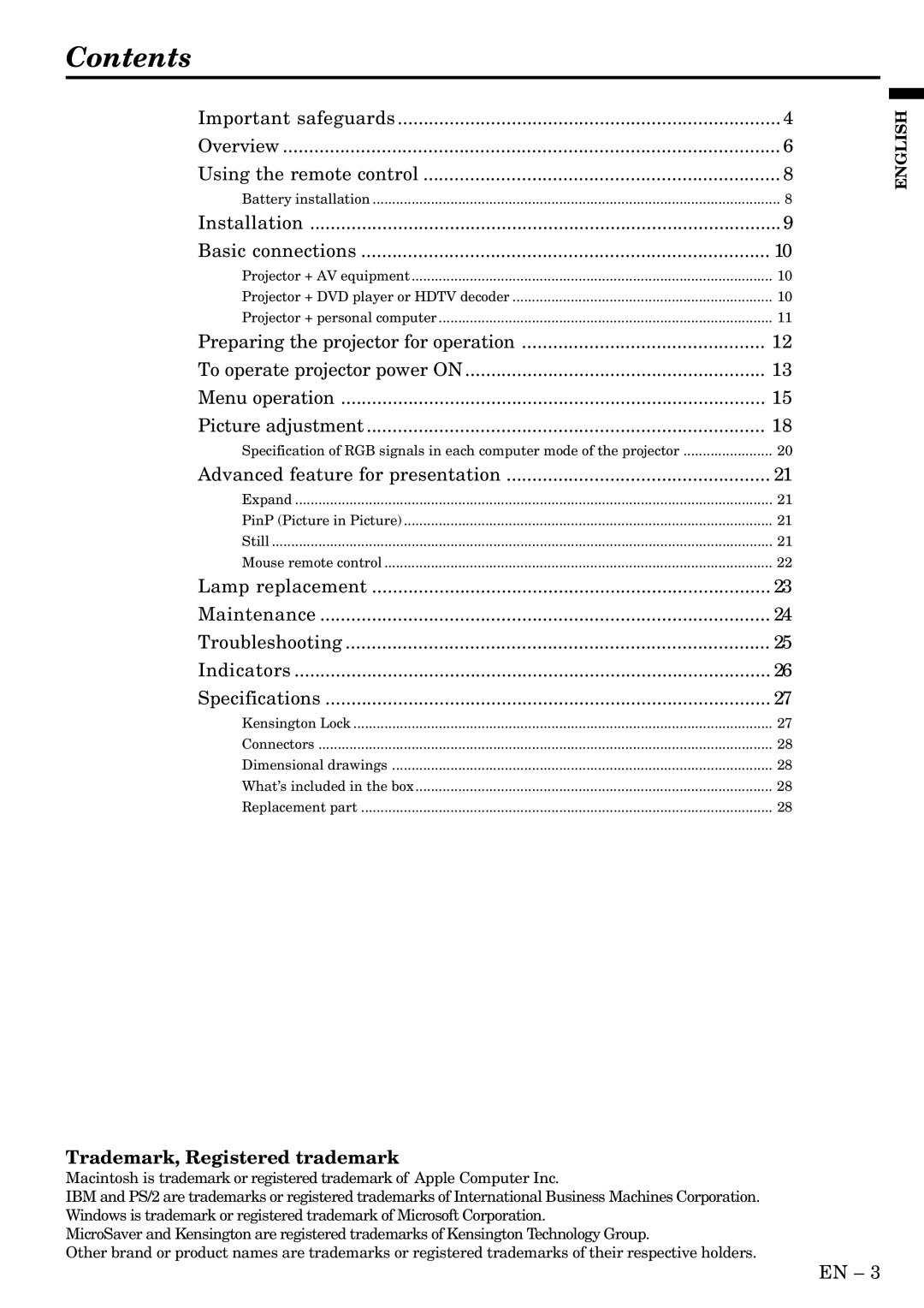 Mitsubishi Electronics LVP-X400BU user manual Contents 