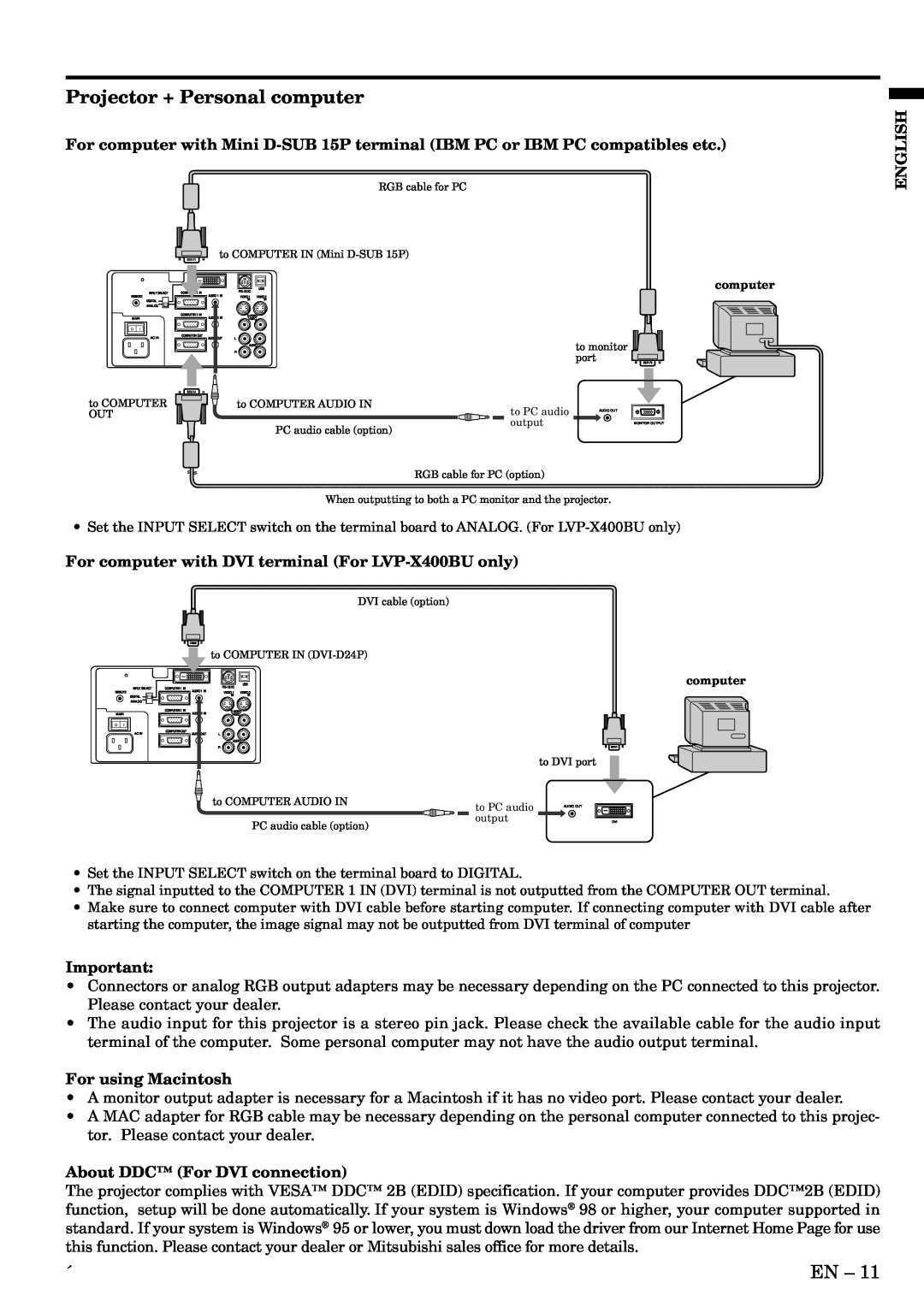 Mitsubishi Electronics LVP-X400BU user manual Projector + Personal computer, English, For using Macintosh 