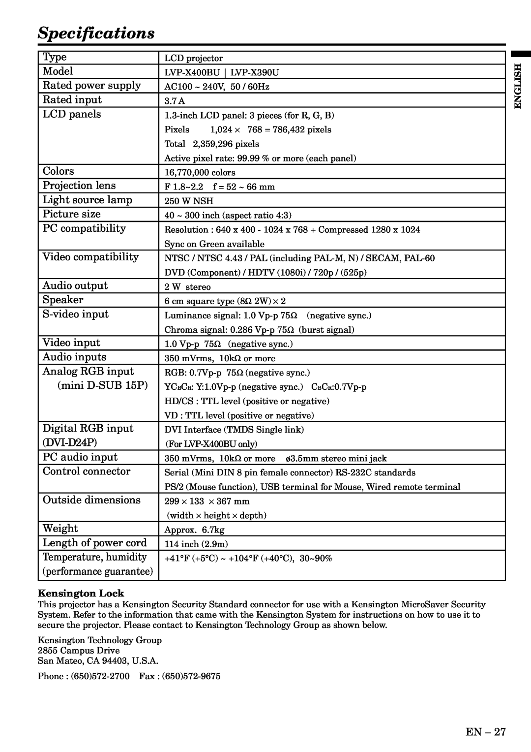 Mitsubishi Electronics LVP-X400BU user manual Specifications, Kensington Lock 