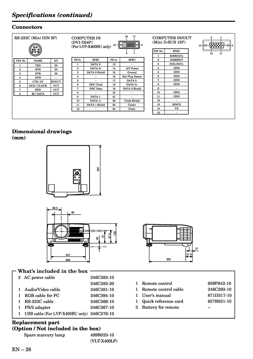 Mitsubishi Electronics LVP-X400BU Specifications continued, Connectors, Dimensional drawings mm, Replacement part 