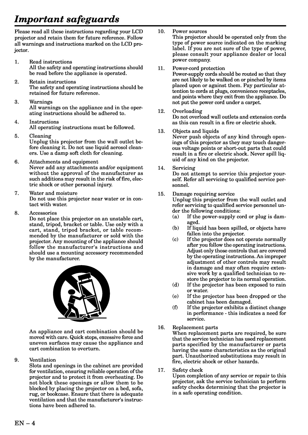 Mitsubishi Electronics LVP-X400BU user manual Important safeguards 