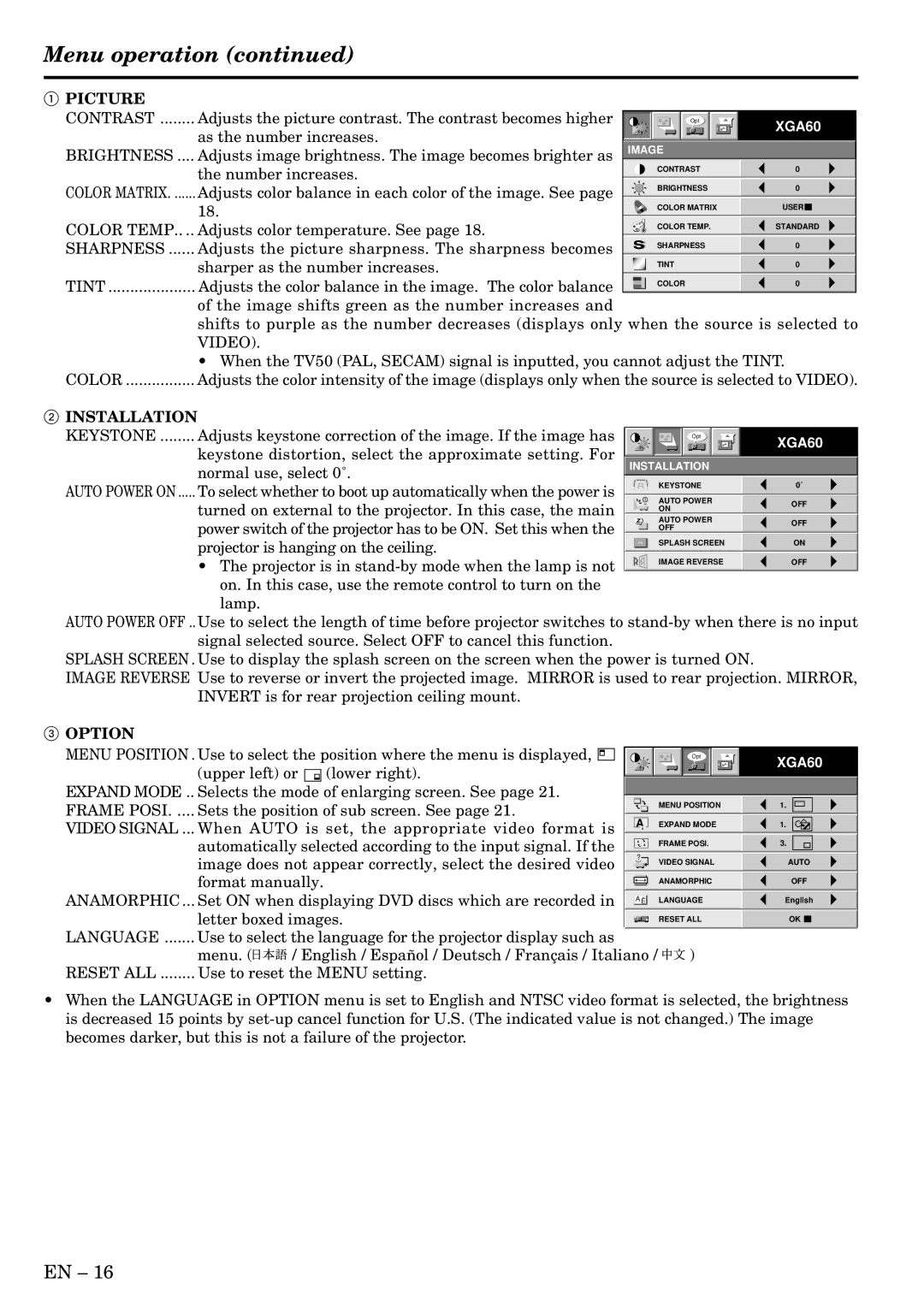 Mitsubishi Electronics LVP-X400U user manual Menu operation, Picture, Installation, Option 