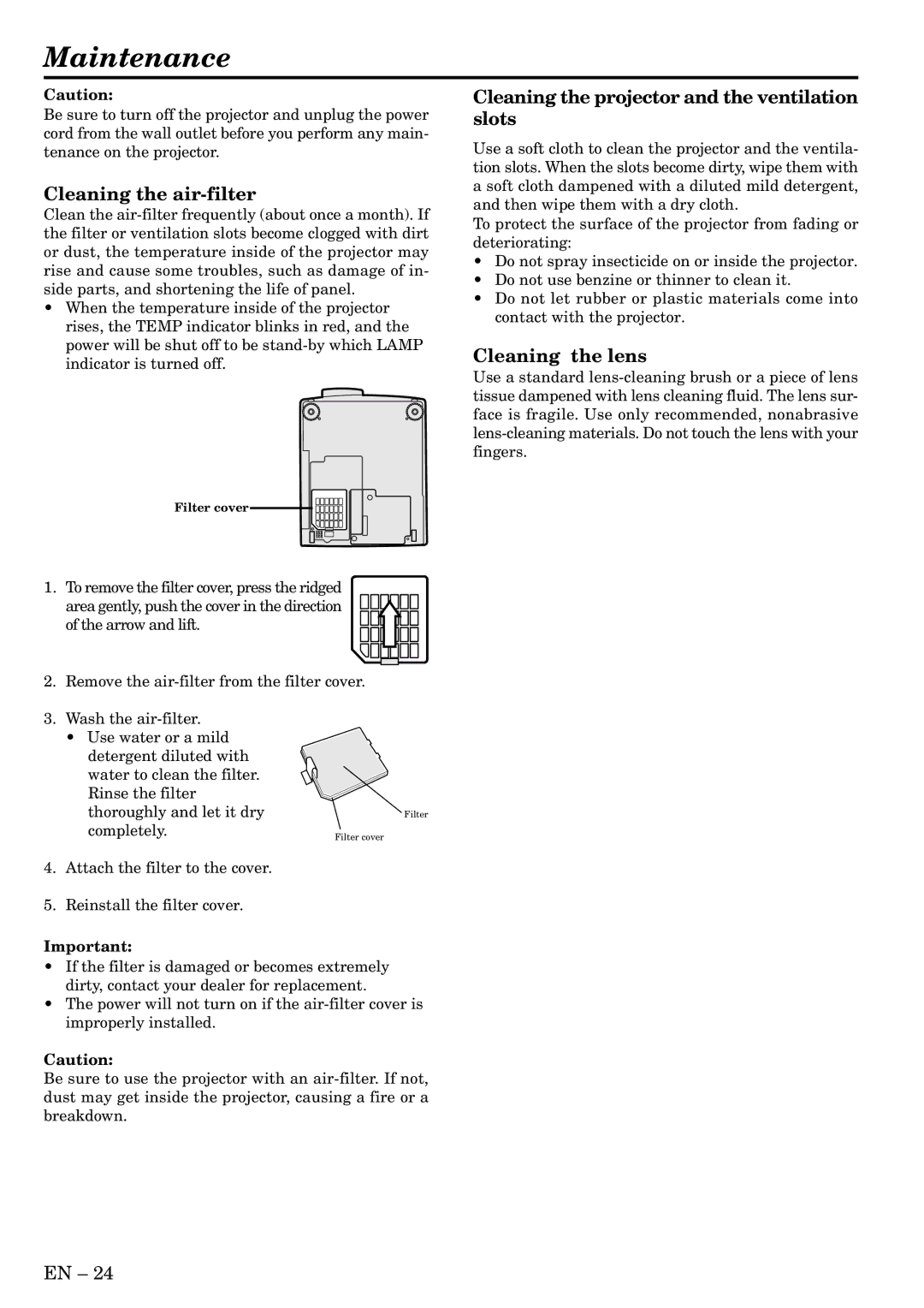 Mitsubishi Electronics LVP-X400U Maintenance, Cleaning the air-filter, Cleaning the projector and the ventilation slots 