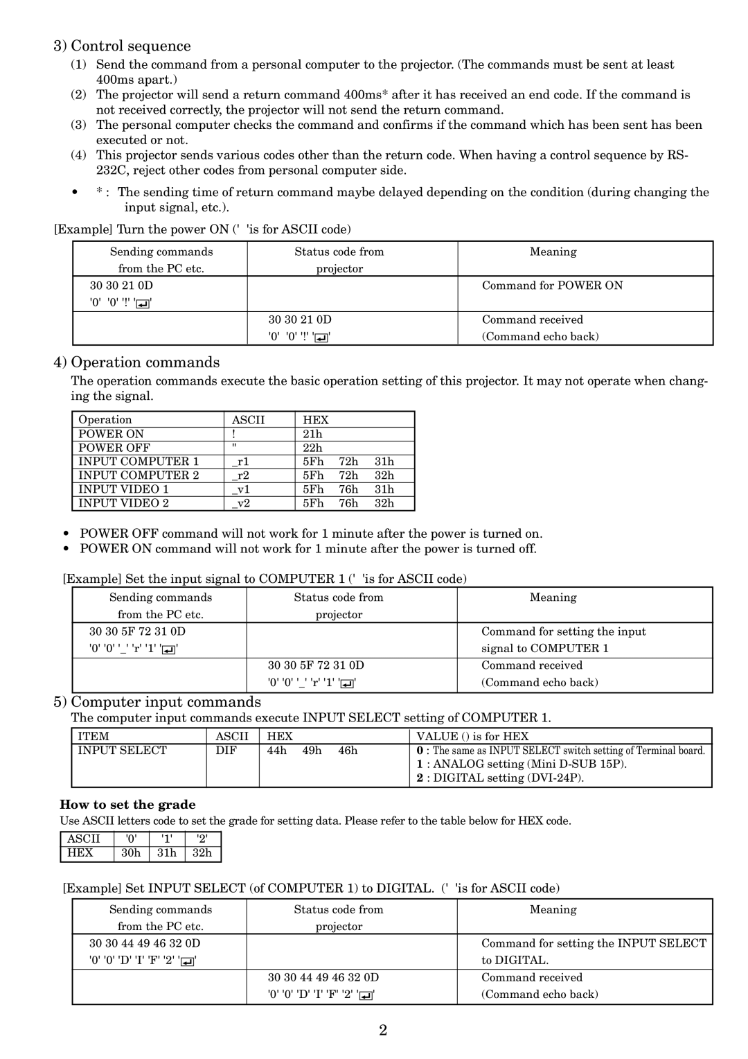 Mitsubishi Electronics LVP-X400U Control sequence, Operation commands, Computer input commands, How to set the grade 