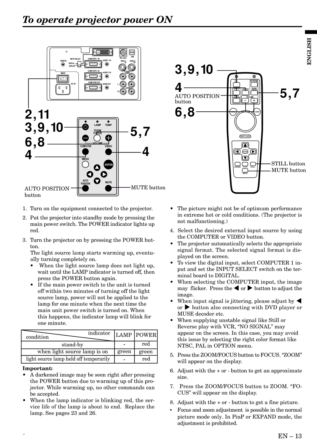 Mitsubishi Electronics LVP-X400U user manual To operate projector power on, Auto Position, Button 