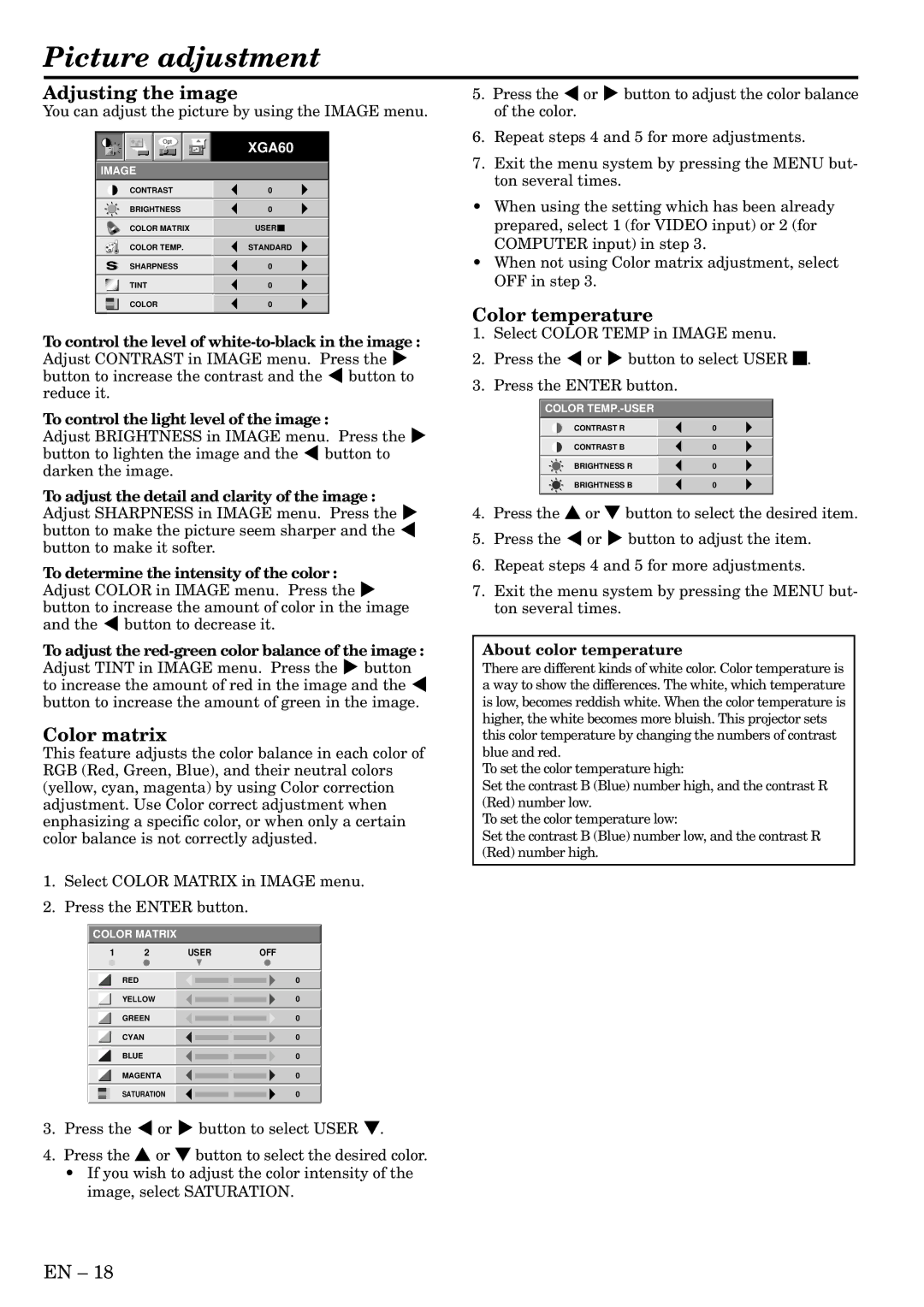 Mitsubishi Electronics LVP-X400U user manual Picture adjustment, Adjusting the image, Color matrix, Color temperature 