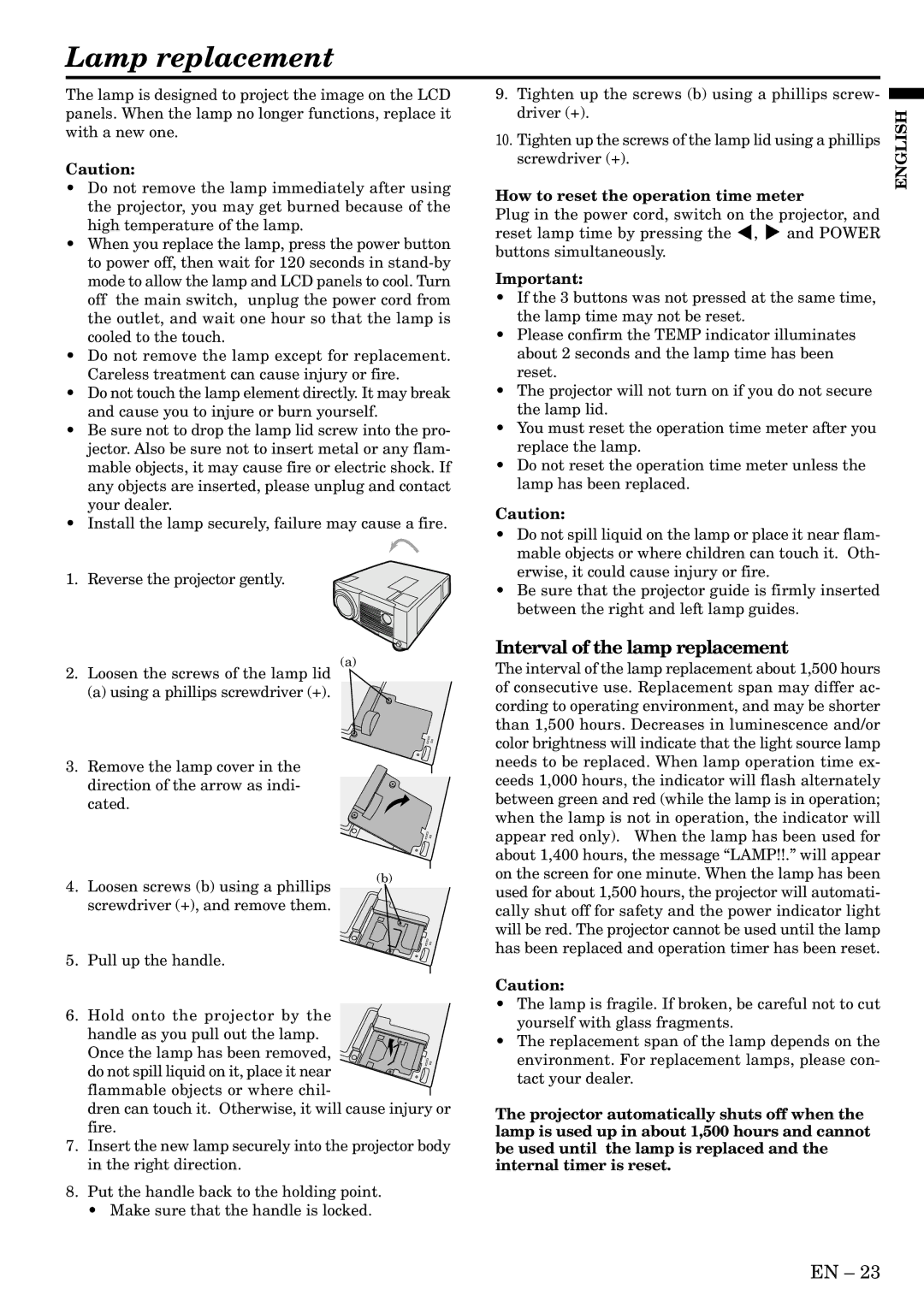 Mitsubishi Electronics LVP-X400U Lamp replacement, Interval of the lamp replacement, How to reset the operation time meter 