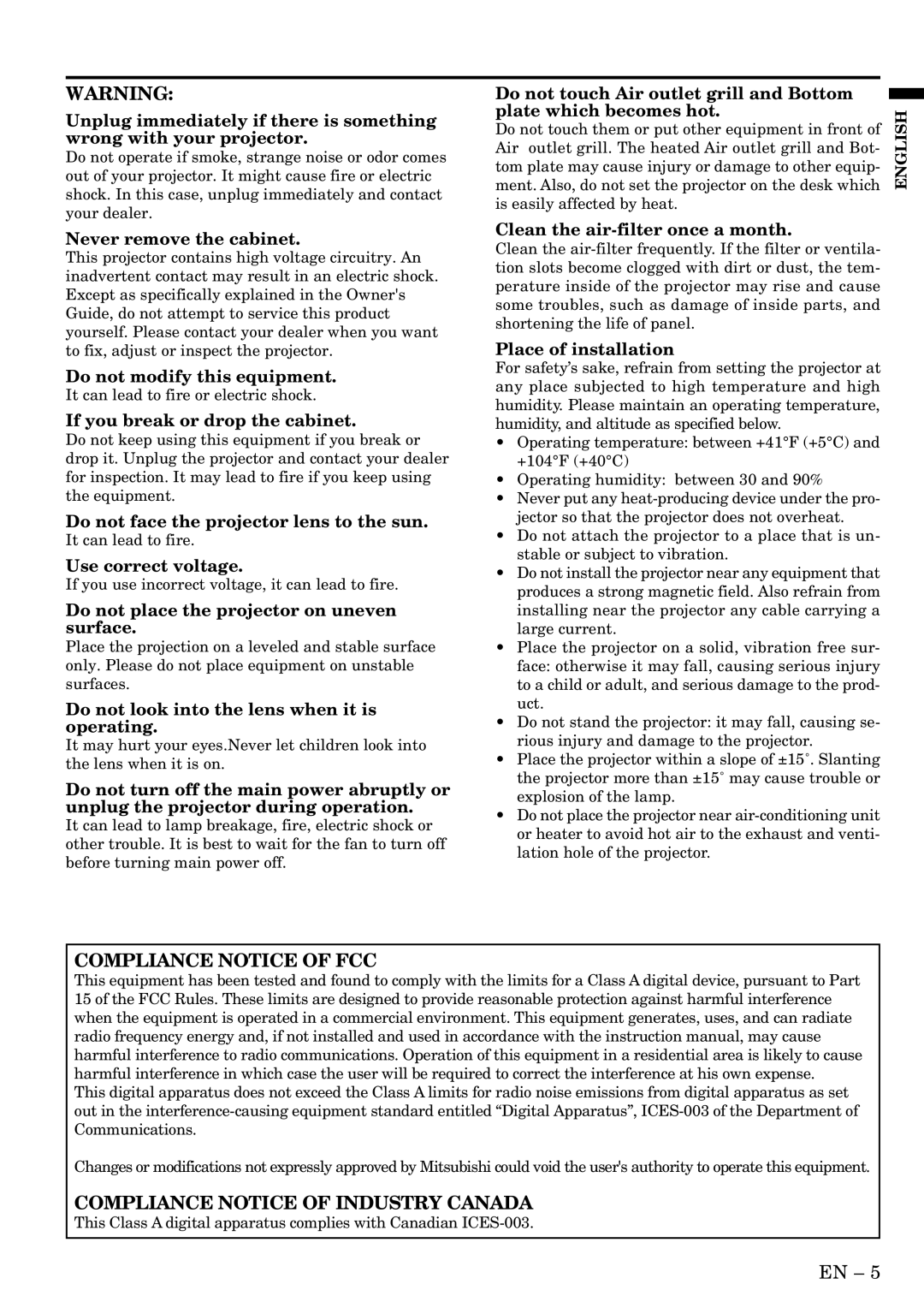 Mitsubishi Electronics LVP-X400U user manual Compliance Notice of Industry Canada 