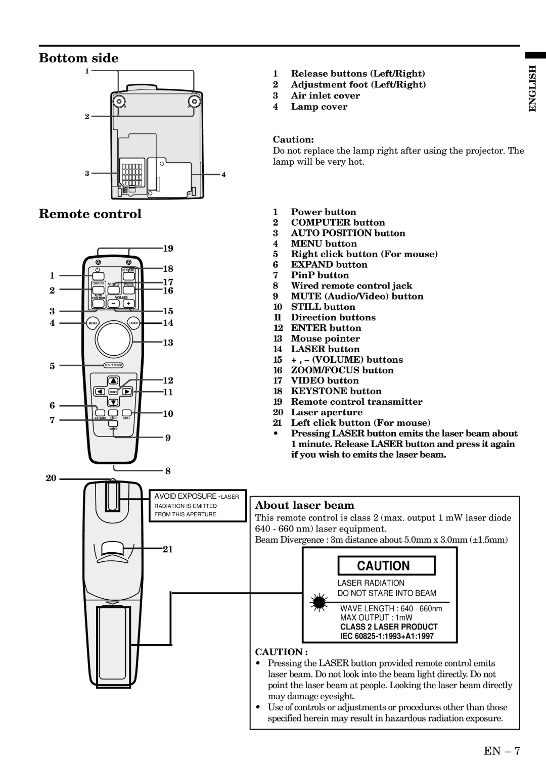 Mitsubishi Electronics LVP-X400U user manual Bottom side Remote control, About laser beam 