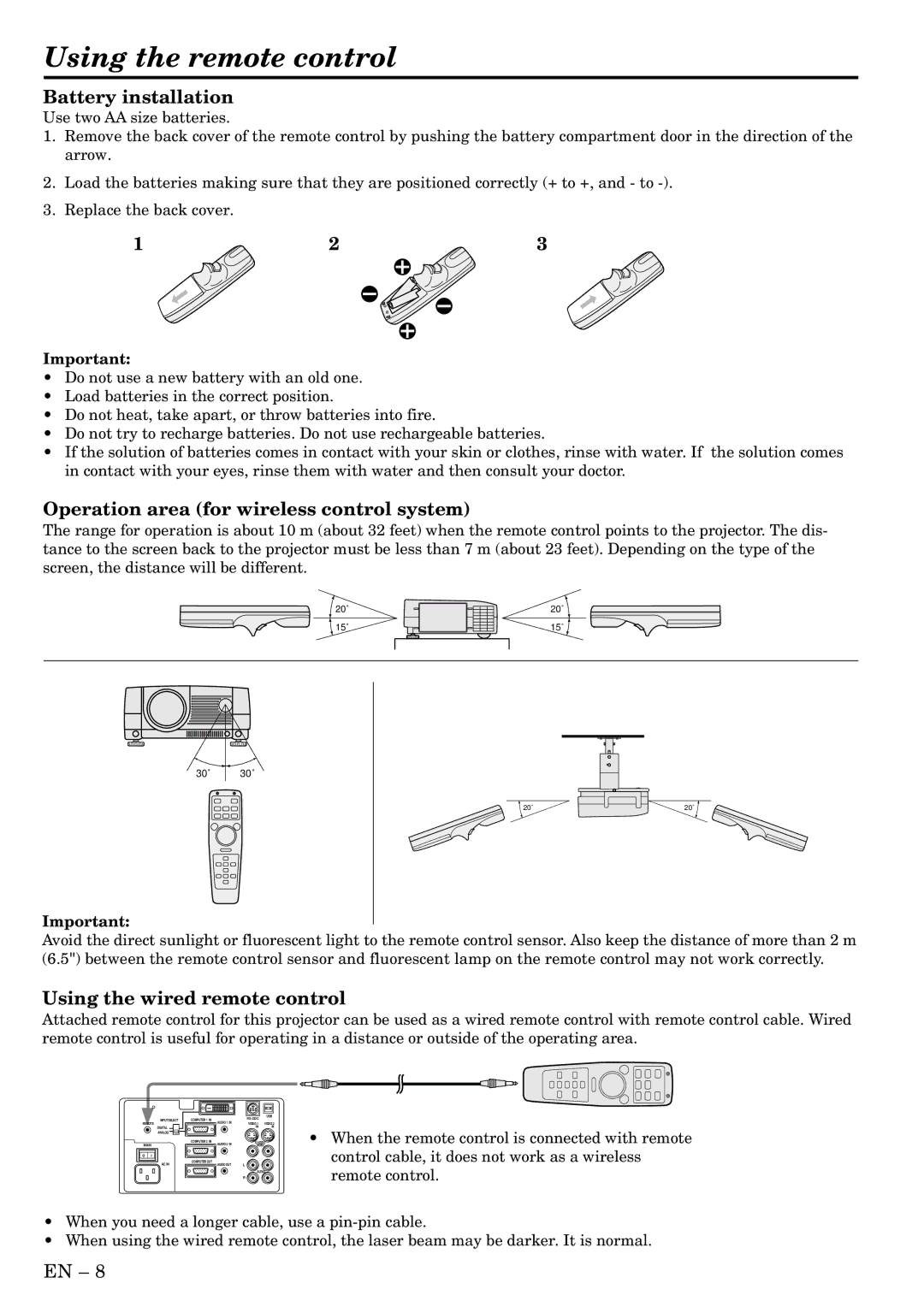 Mitsubishi Electronics LVP-X400U user manual Using the remote control, Battery installation, Using the wired remote control 