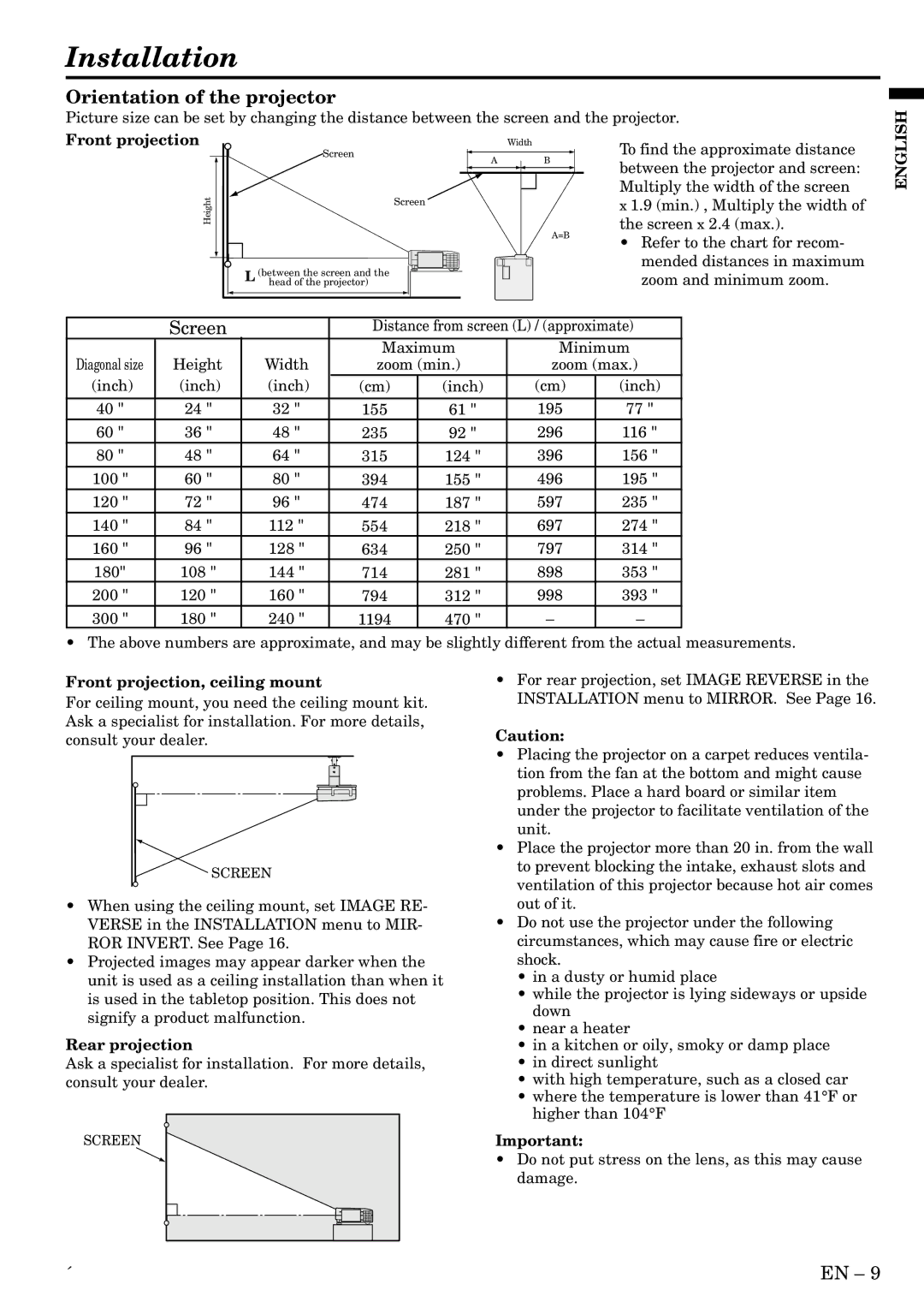 Mitsubishi Electronics LVP-X400U user manual Installation, Orientation of the projector, Front projection, Rear projection 