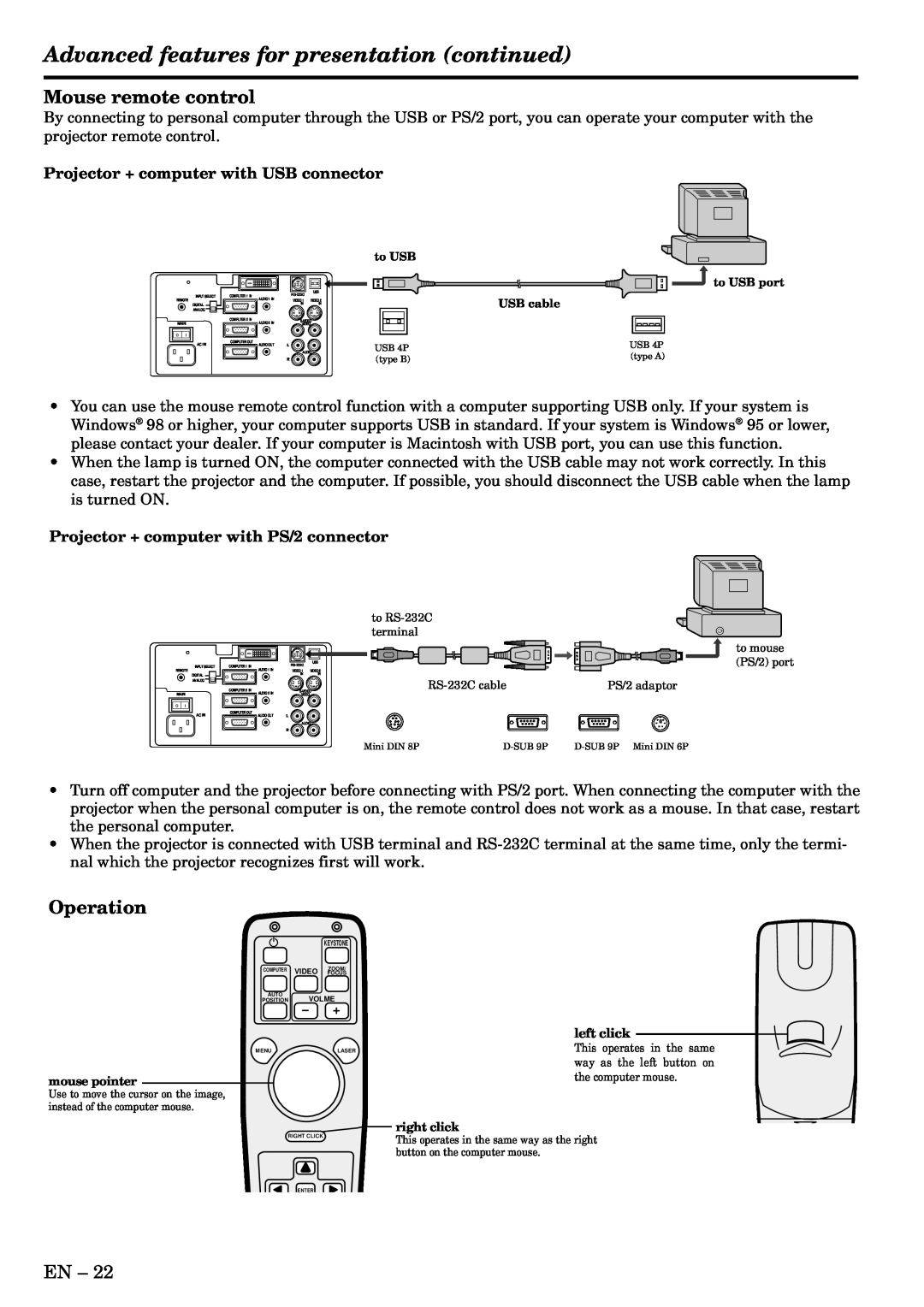 Mitsubishi Electronics LVP-X400U user manual Advanced features for presentation continued, Mouse remote control, Operation 