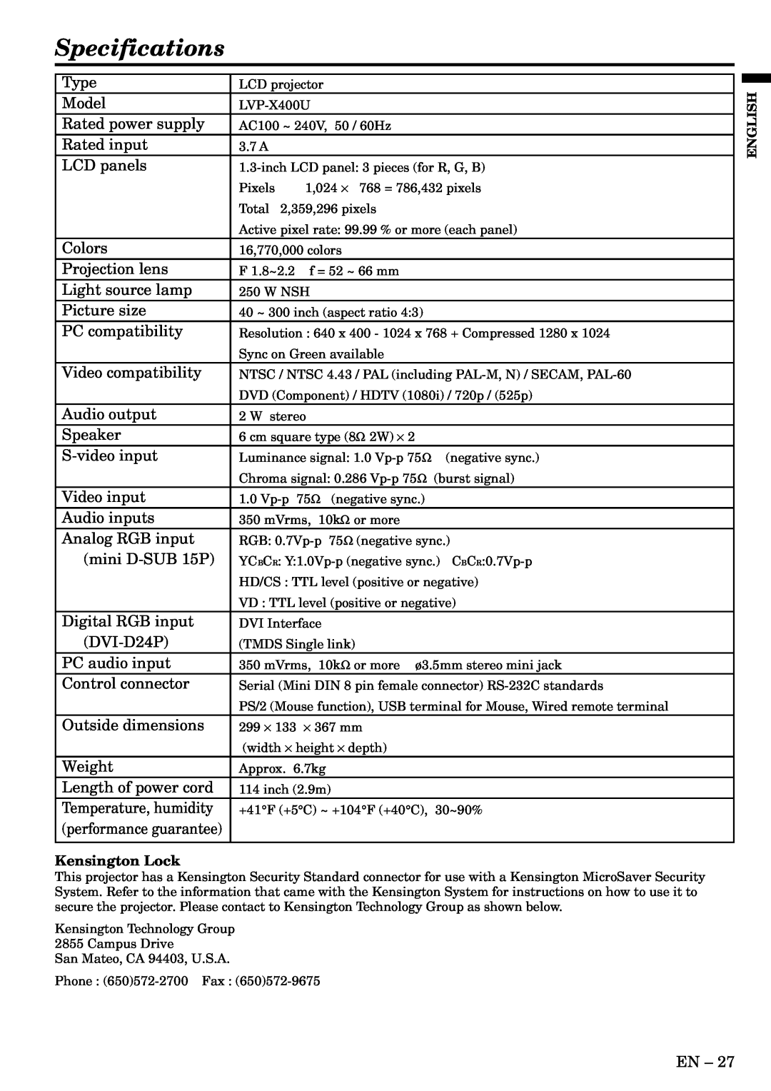 Mitsubishi Electronics LVP-X400U user manual Specifications, Kensington Lock 