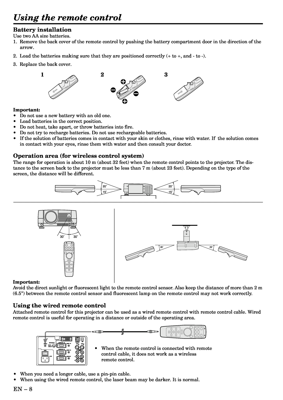 Mitsubishi Electronics LVP-X400U user manual Using the remote control, Battery installation, Using the wired remote control 